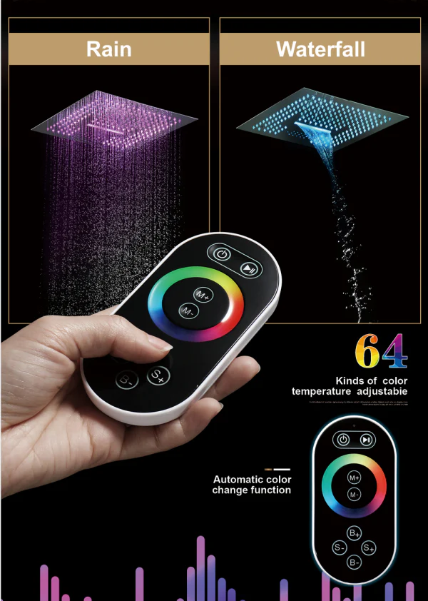 16-Inch Chrome Thermostatic Shower Faucet: Flush-Mounted, 3-Way Control, 64-Color LED Lighting, Bluetooth Music - Image 6