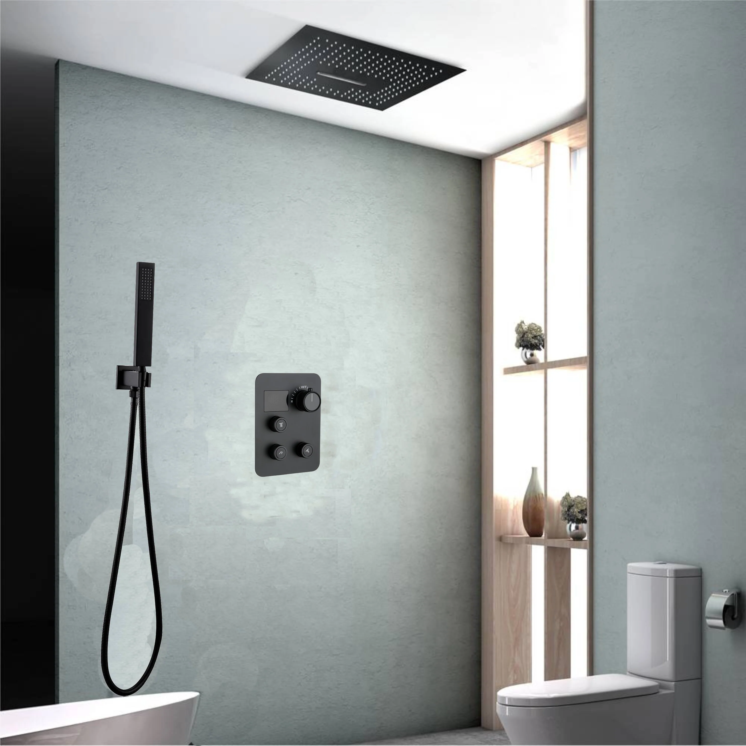 16-Inch Flush-Mount Matte Black Thermostatic Shower Faucet: 3-Way Control, 64-Color LED Lighting, Bluetooth Music, Digital Display - Image 3
