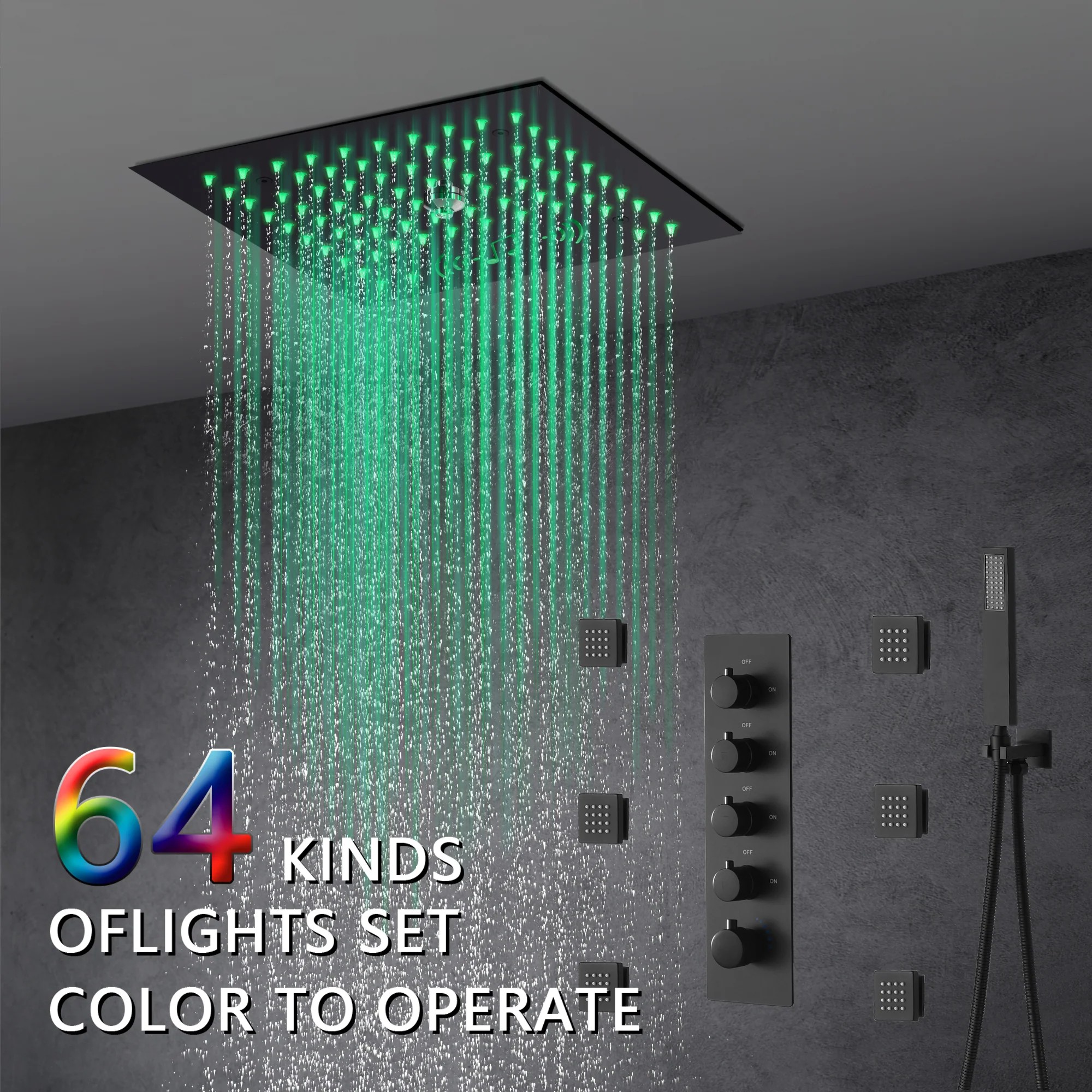 12-Inch Flush-Mount Matte Black Thermostatic Shower Faucet: 4-Way Control, 64-Color LED Lighting, Bluetooth Music, Optional Digital Display, and Body Sprayers - Image 3