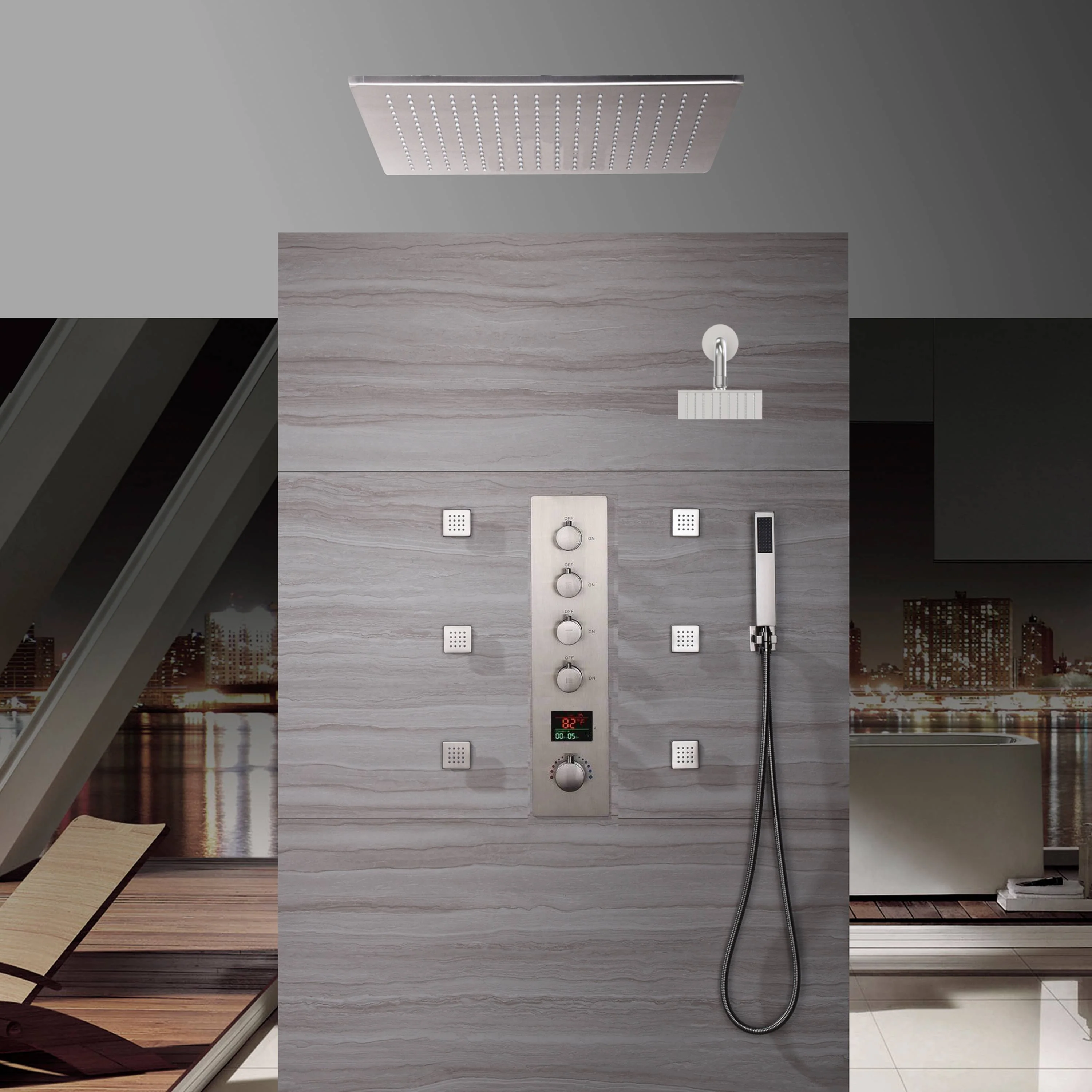 20" Brushed Nickel Rainfall Shower System: Ceiling/Flush-Mounted, Thermostatic Valve, 6 Jets, 6" Regular Head - Image 3