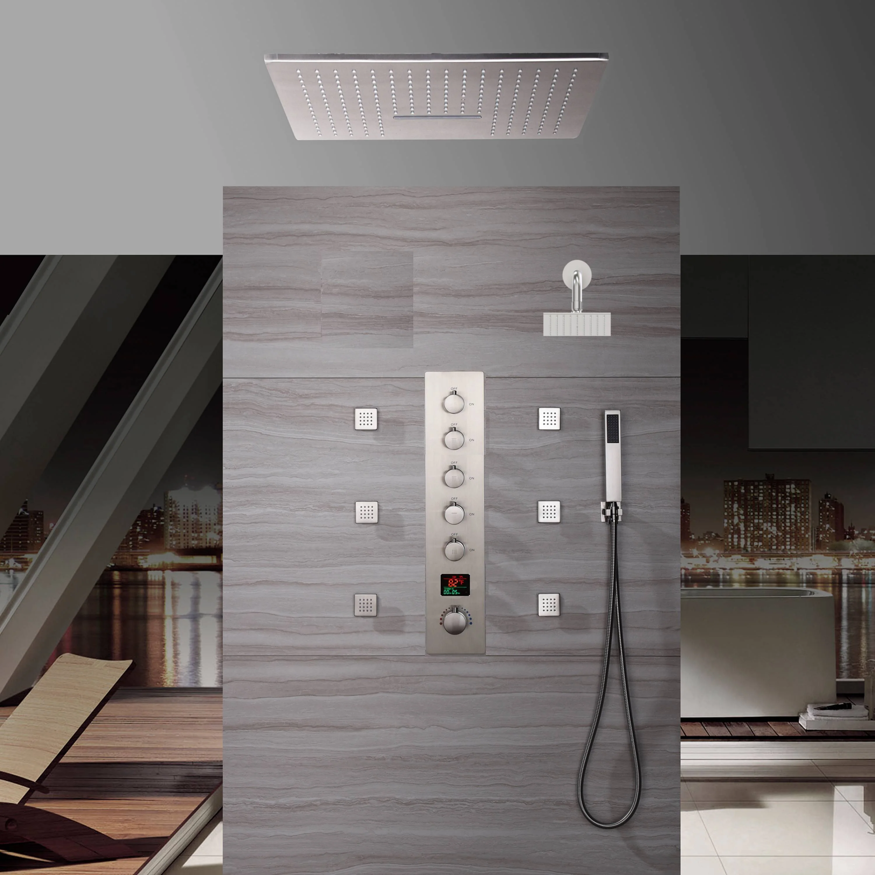 Brushed Nickel Ceiling-Mount 5-Way Thermostatic Shower Faucet: Featuring Digital Display, 6 Body Jets, Wall-Mounted 6-Inch Regular Shower Head, and 20-Inch LED Rain Waterfall Head