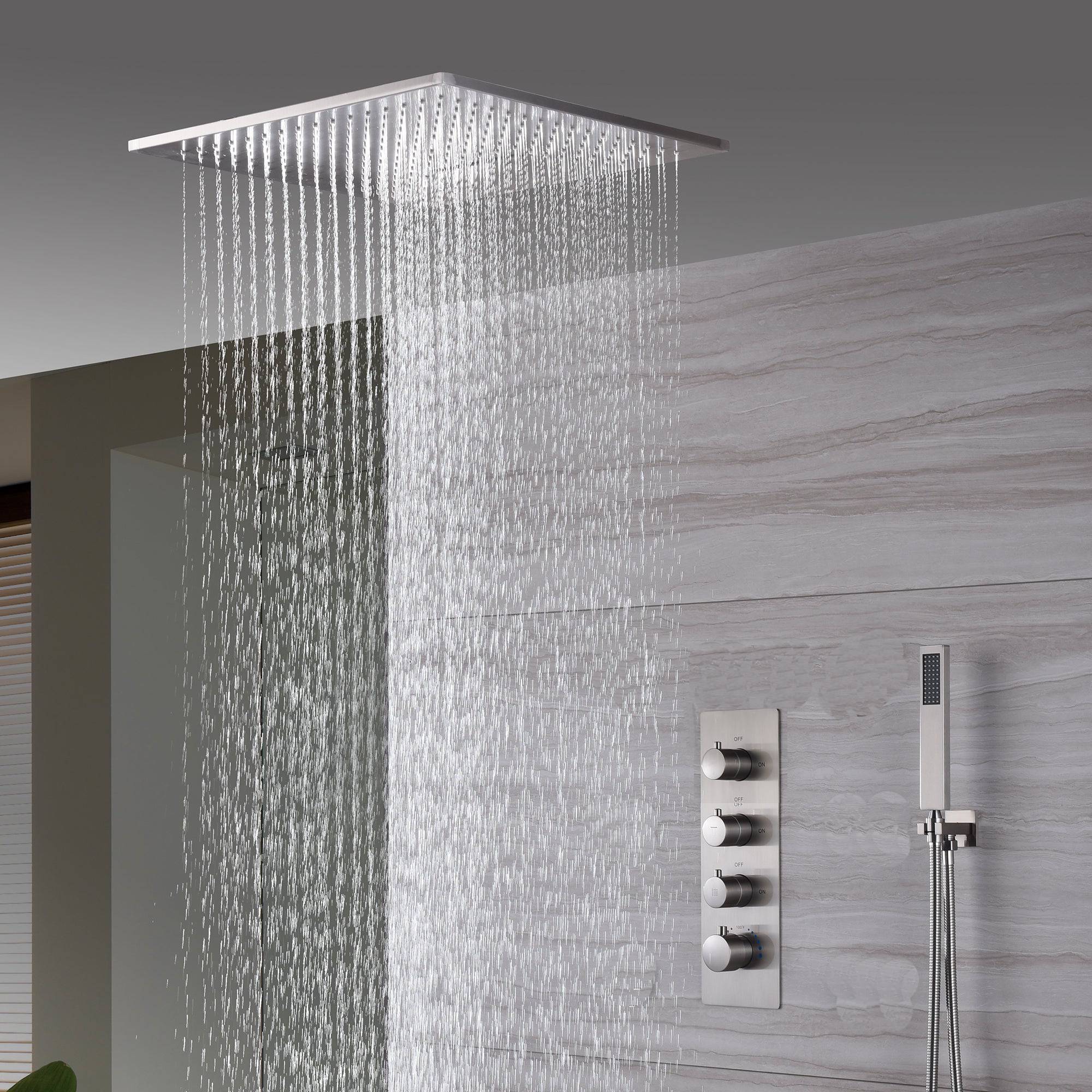 20inch Brushed nickel ceiling or flush mount rainfall waterfall shower systems 3 way thermostatic shower faucet that available in both led light or non-led light options - Image 7
