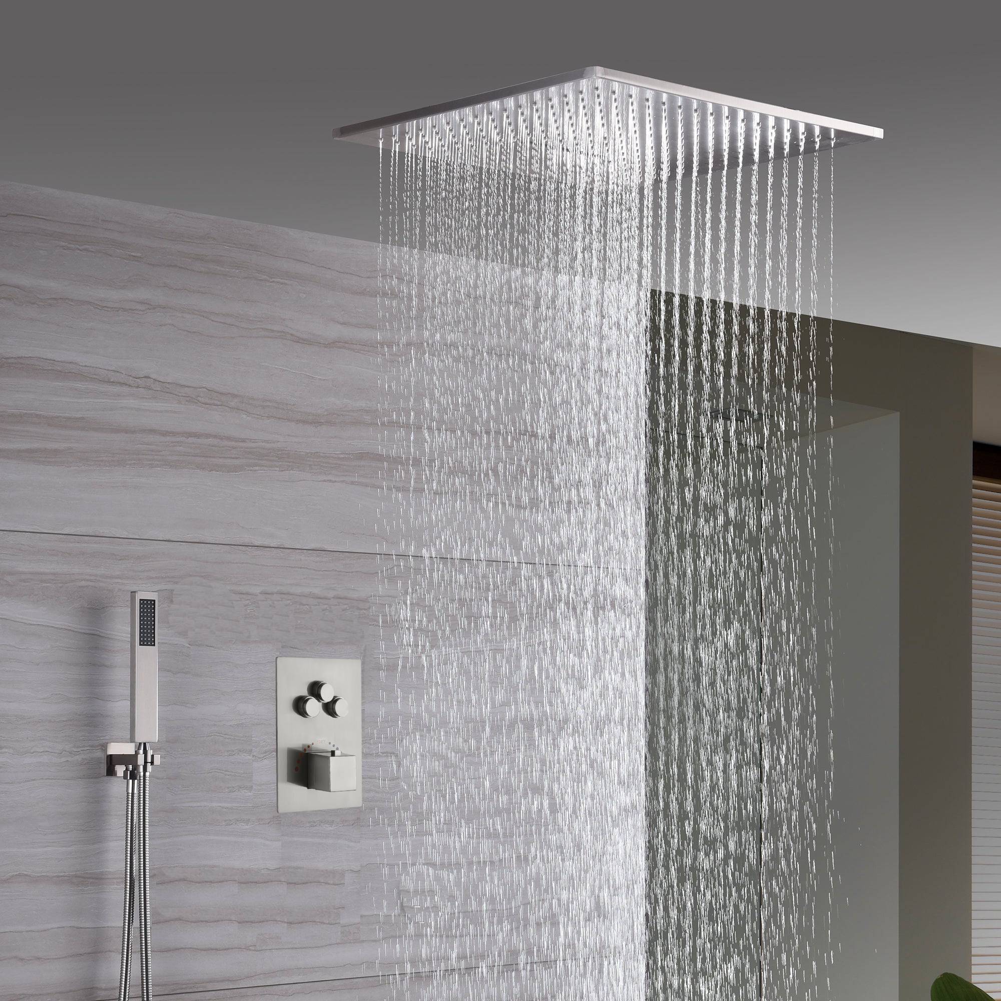 20inch Brushed nickel ceiling or flush mount rainfall waterfall shower systems 3 way thermostatic shower faucet that available in both led light or non-led light options - Image 8