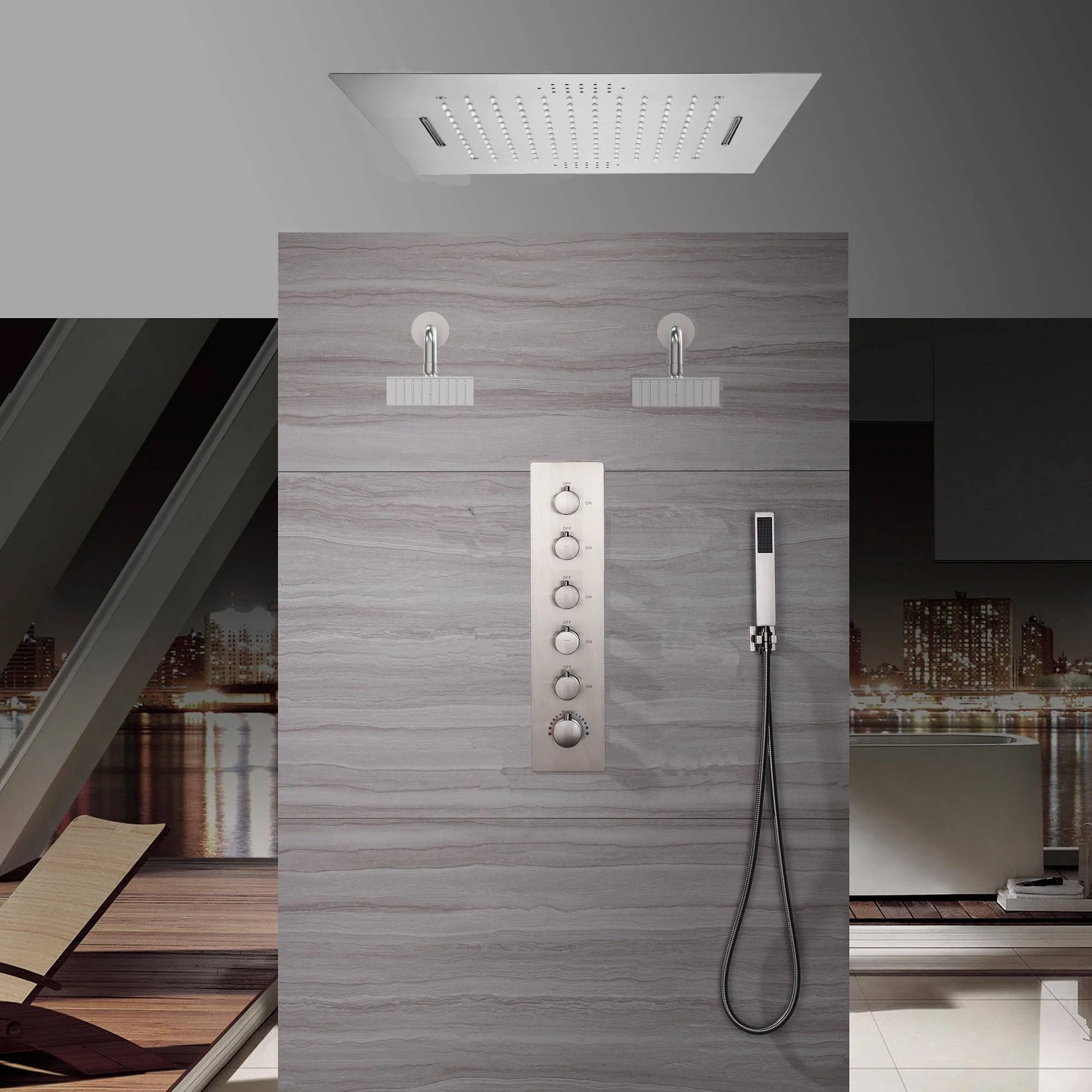 Brushed Nickel Flush-Mounted 5-Way Digital Thermostatic Shower System: Dual Regular Heads, 20-Inch Rainfall Waterfall Shower Head with 64-Color LED Lights and Bluetooth Music Functionality - Image 2