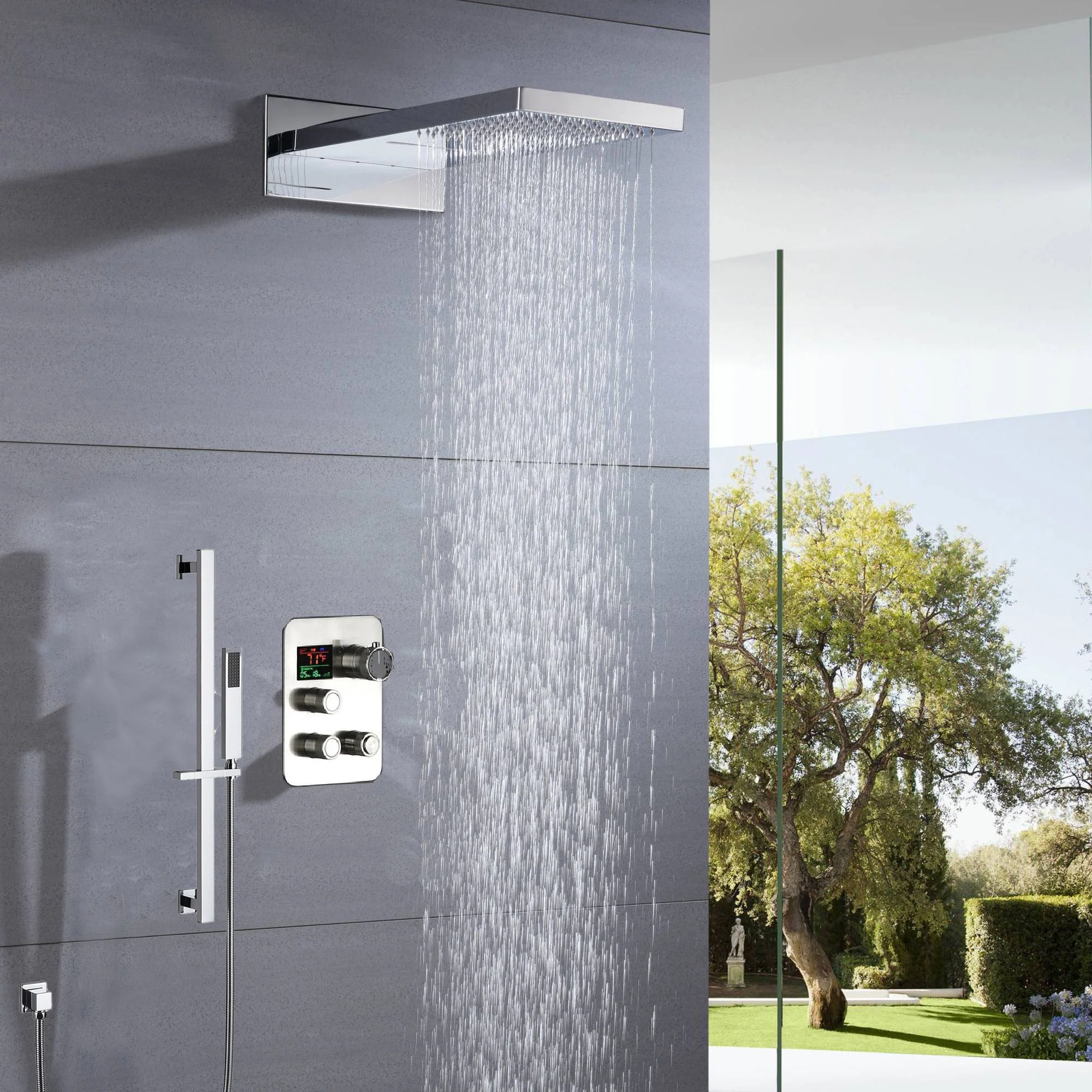 22" Chrome LED light or non-LED light rainfall waterfall shower head 3 way thermostatic shower system - Image 2