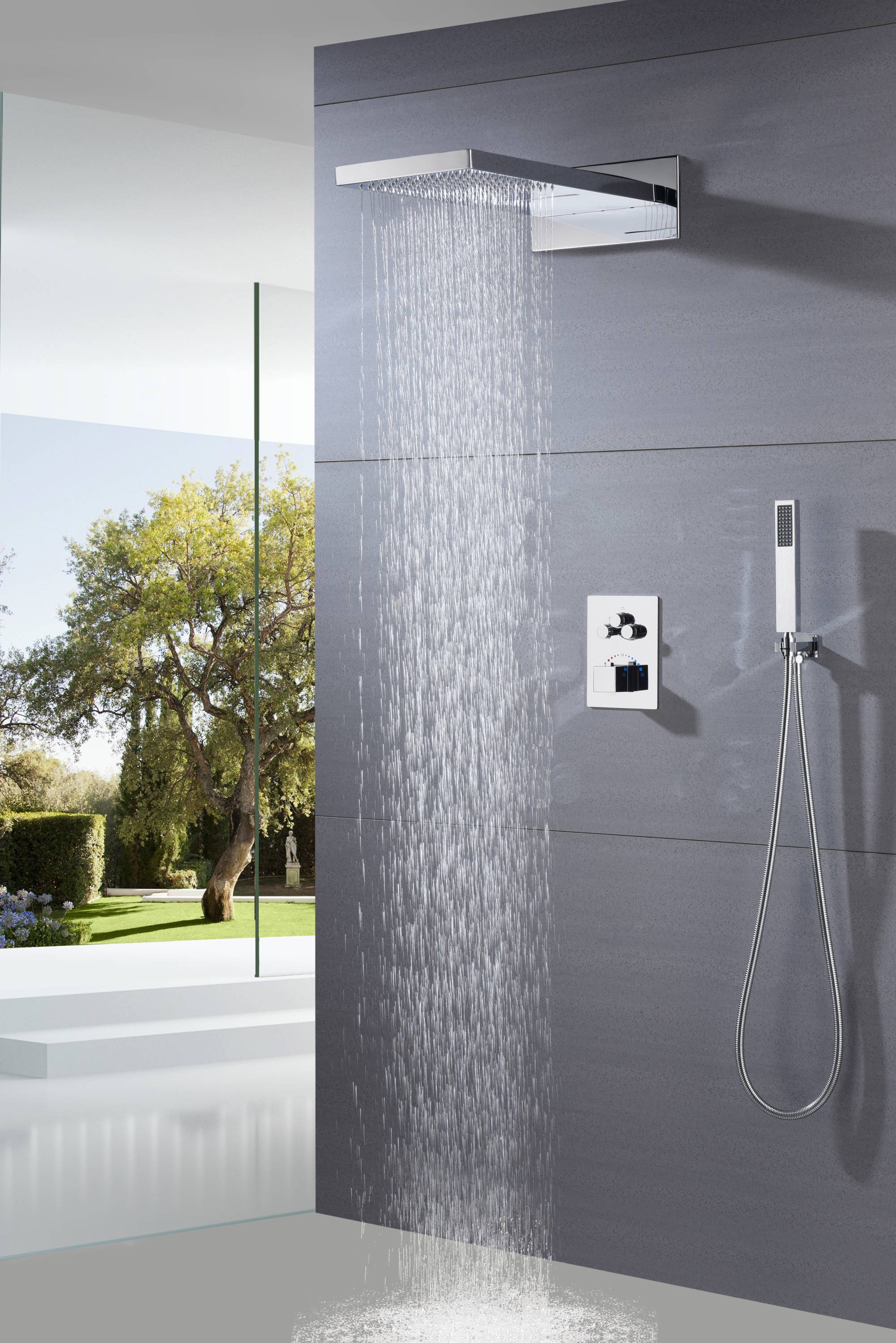 22" Chrome LED light or non-LED light rainfall waterfall shower head 3 way thermostatic shower system - Image 7