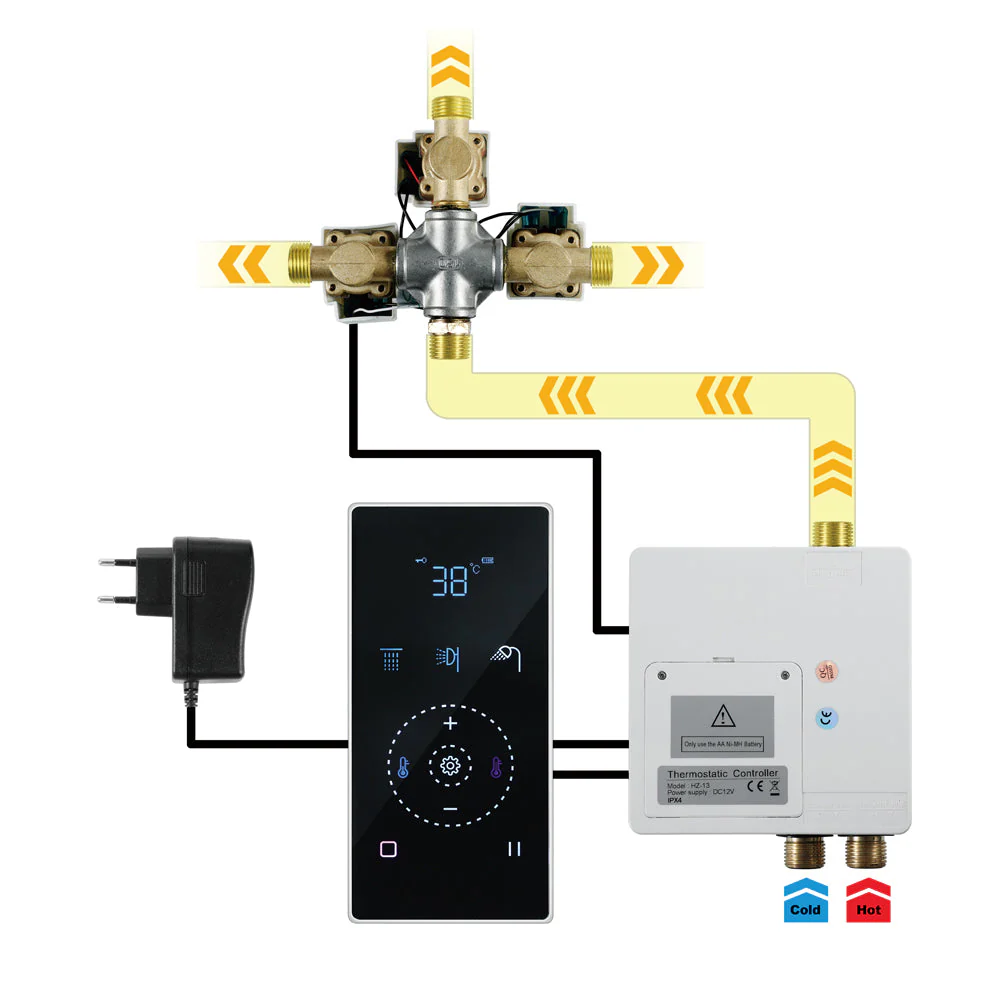 22-Inch Brushed Gold 3 Way Digital Touch Panel Shower Faucet System with Rainfall and Waterfall - Image 3