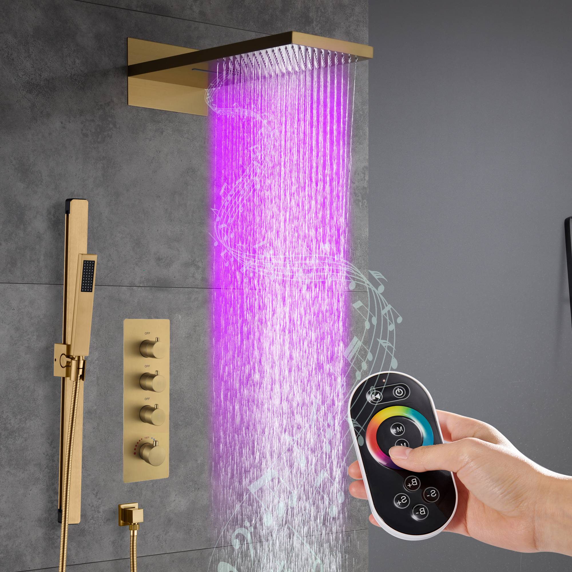 22-Inch Bluetooth Music 64 Led Lights 3-Way Thermostatic Shower Faucet with Rainfall, Waterfall, and Sliding Bar,4 Finishes Available - Image 21
