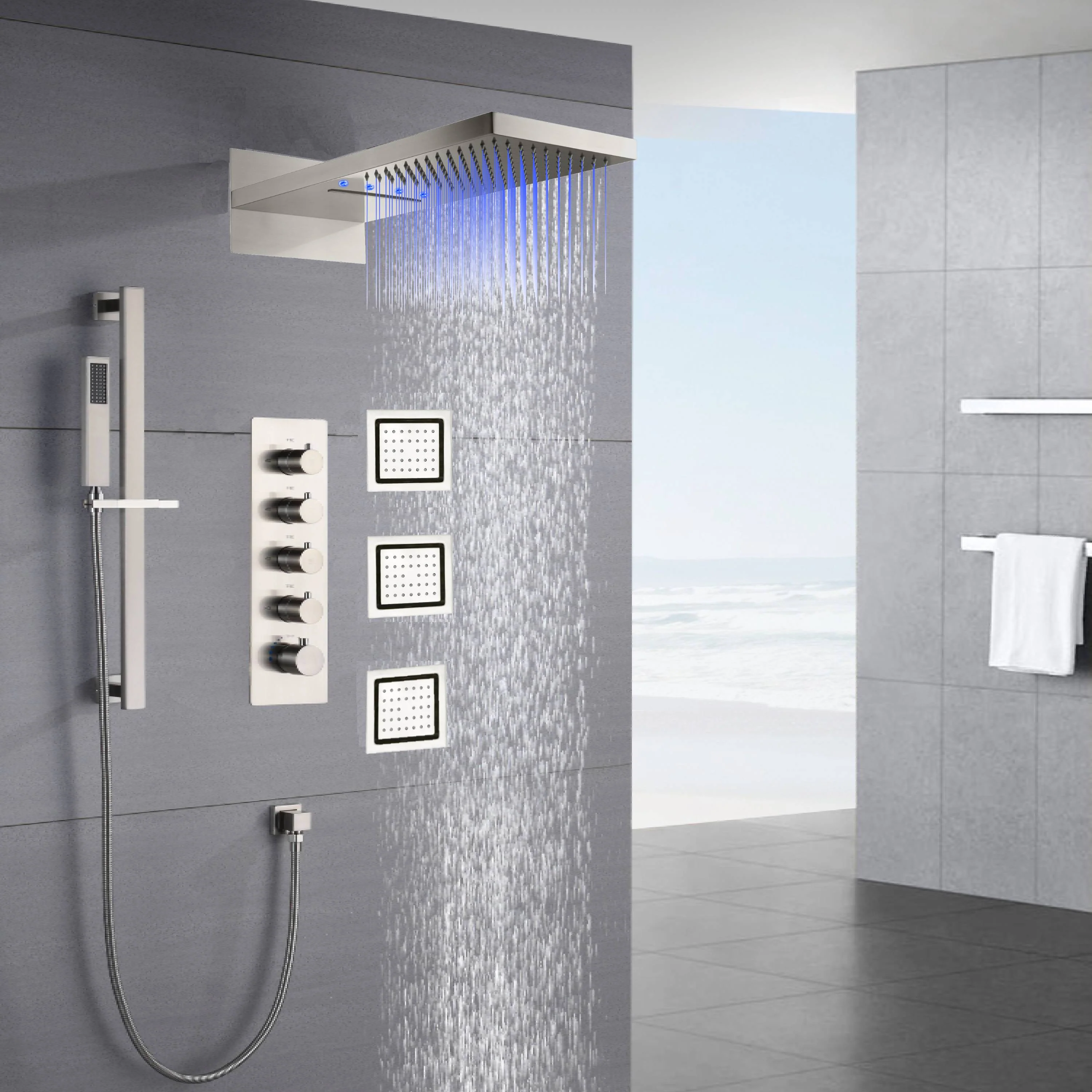 22inch rainfall and waterfall Brushed Nickel 4 Way Thermostatic Shower Faucet with 4inch Body Jet - Image 2