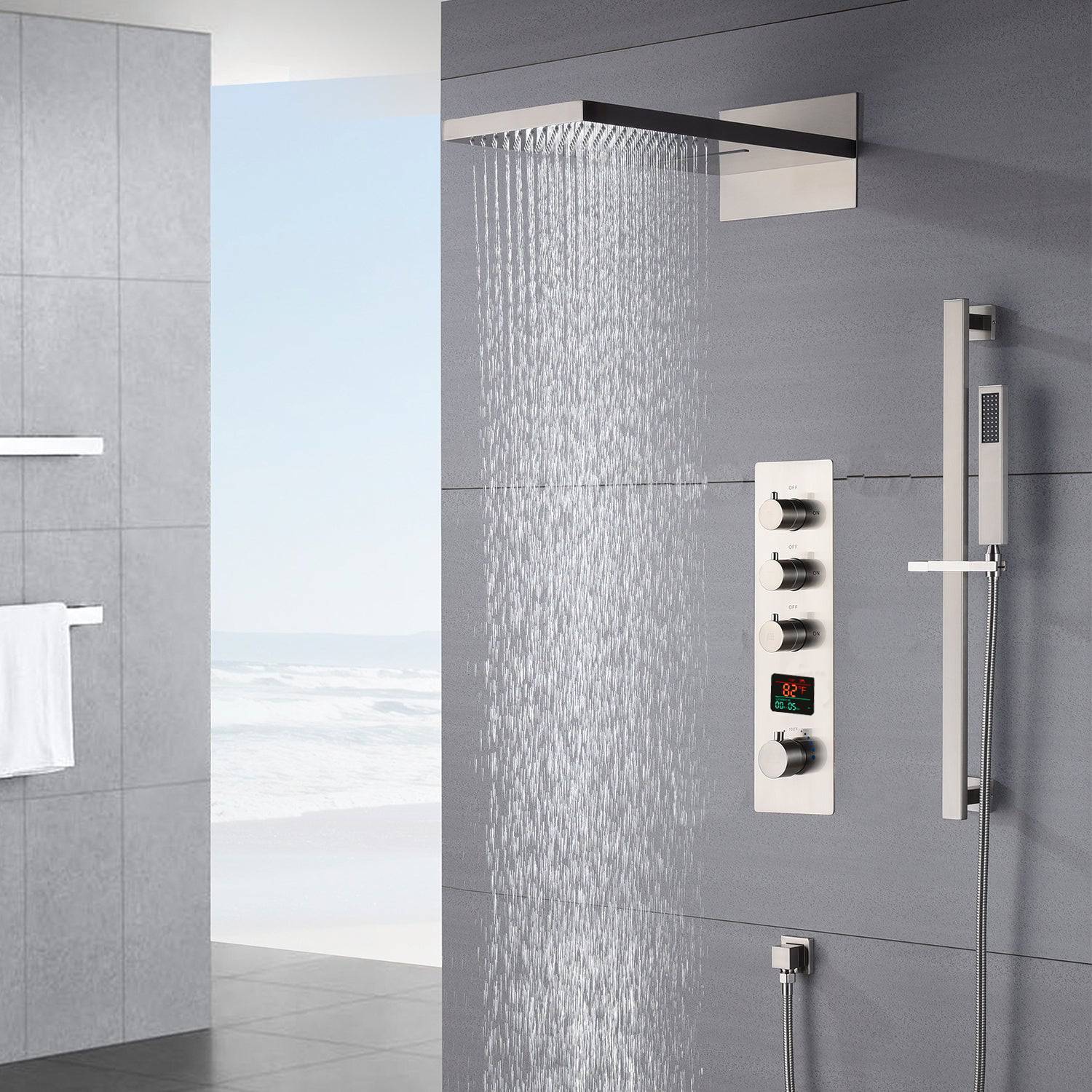 Wall-Mounted 22-Inch Brushed Nickel 3-Way Digital Thermostatic Shower Faucet with Rainfall, Waterfall, and Sliding Bar - Image 2