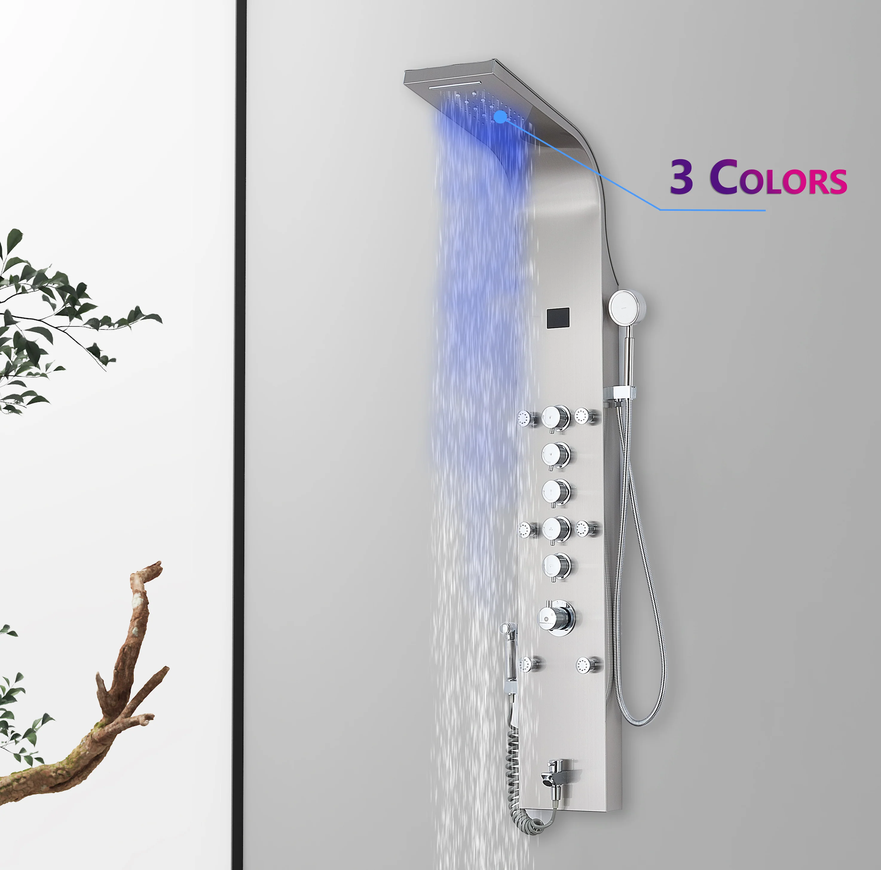 59'' Brushed Nickel LED Rain & Waterfall Massage Tower - Simultaneous and Independent Functionality - Image 2