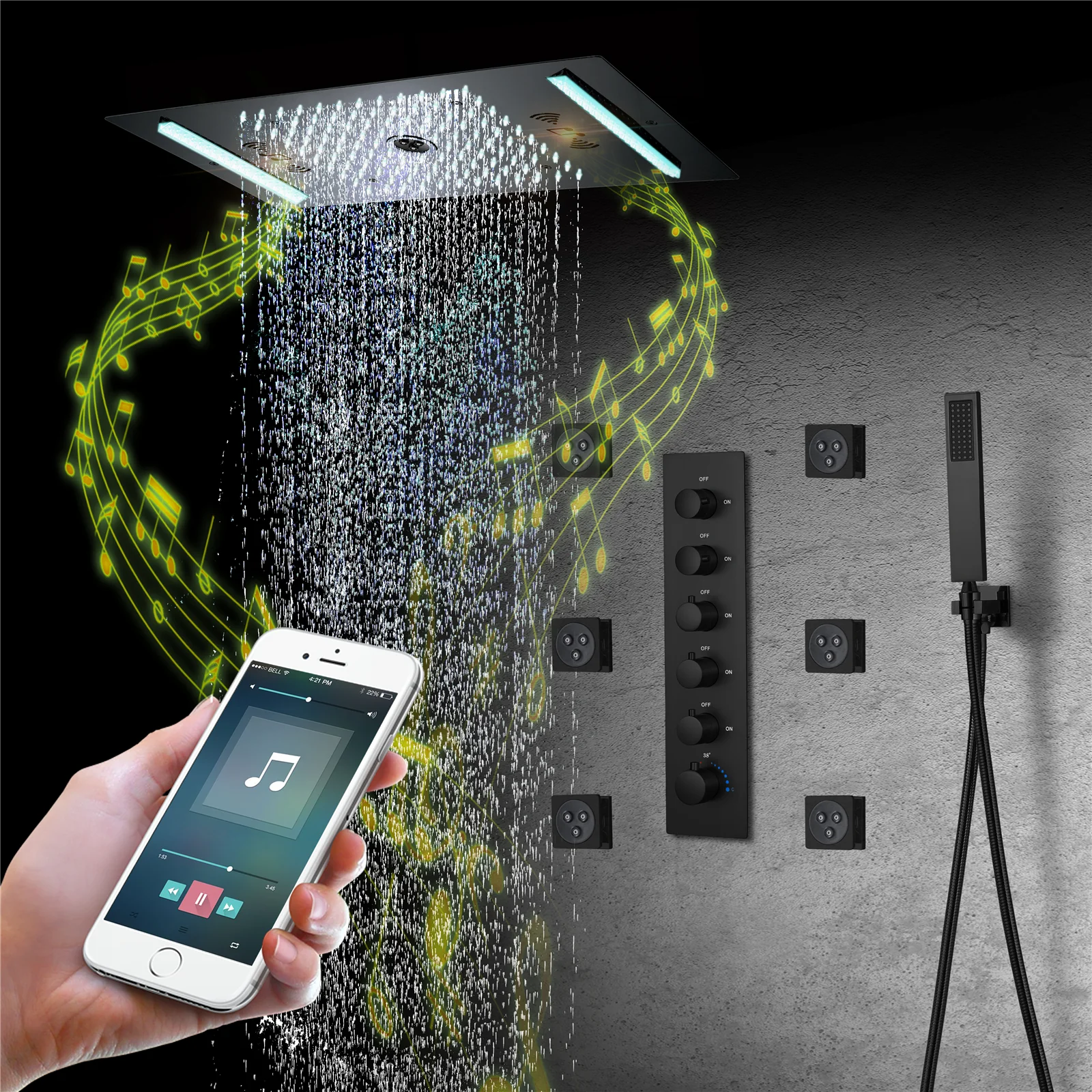 64 LED colors music led flushed in 24x12 inch 3 functions shower head 5 way thermostatic shower faucet with rotate-water massage body jets,4 finish colors options - Image 9