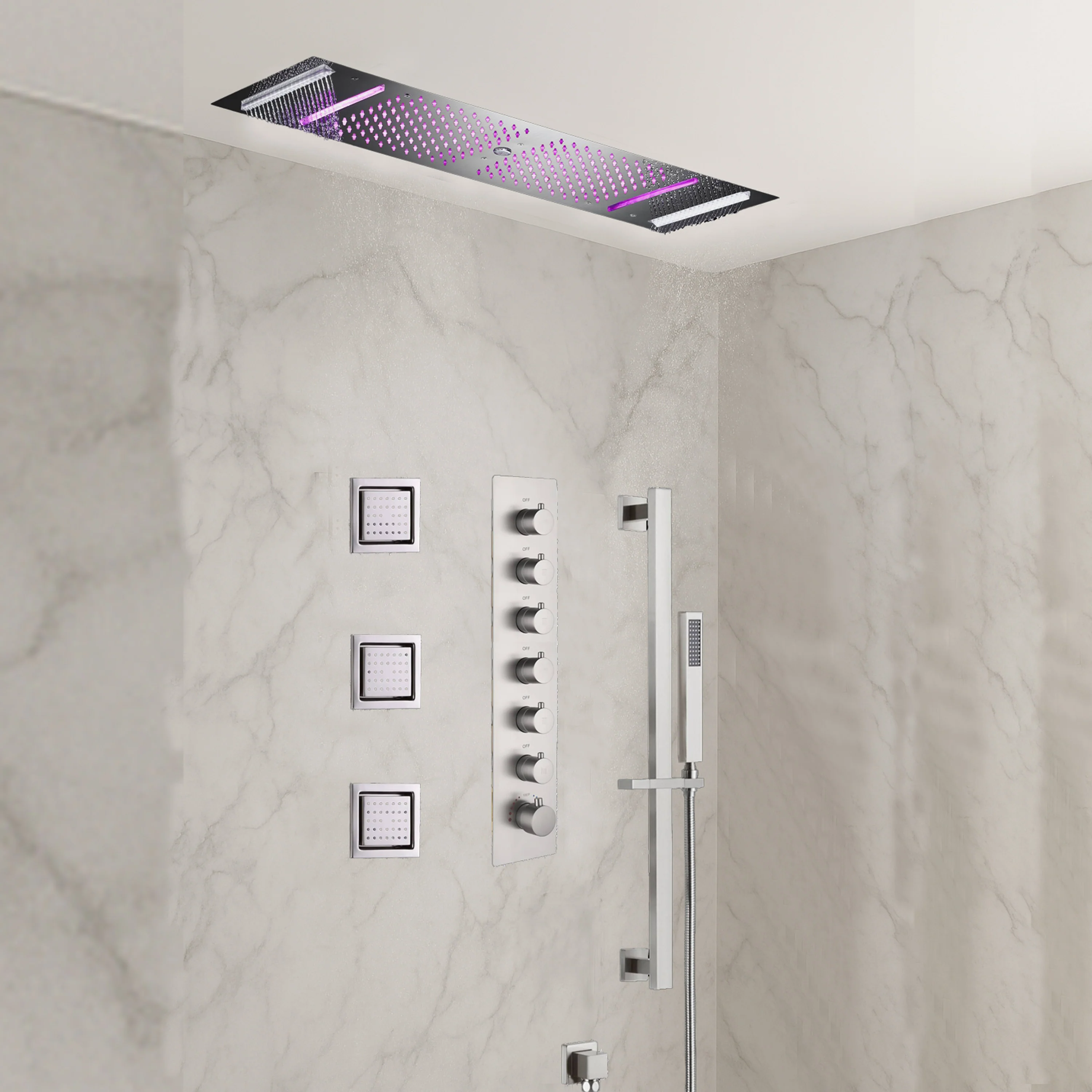 64 LED colors music led flushed in 36x12 inch 4 functions shower head 6 way thermostatic shower faucet with flush 4 inch body jets