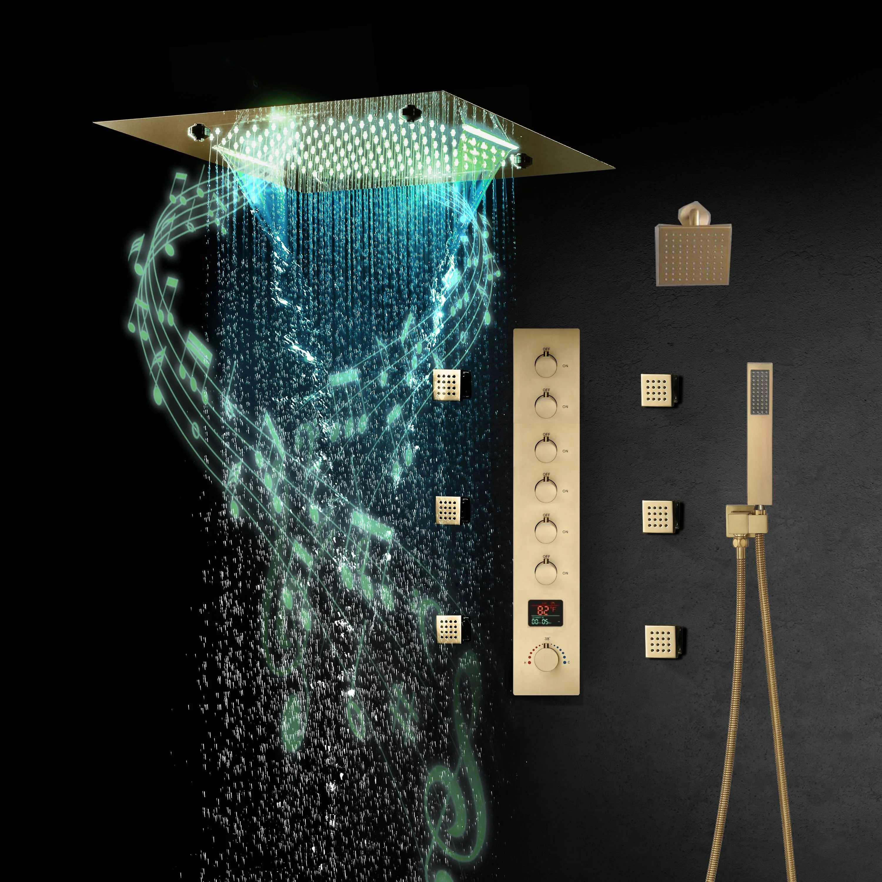 Flush-Mounted Brushed Gold 6-Way Digital Thermostatic Shower System:  Six Body Jets, Regular Head, and 20-Inch Rainfall Waterfall Mist Shower Head Featuring Bluetooth Music and 64-Color LED Lights