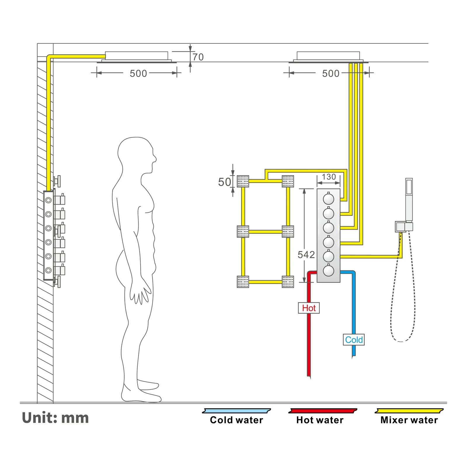 Flush-Mounted Brushed Gold 6-Way Digital Thermostatic Shower System:  Six Body Jets, Regular Head, and 20-Inch Rainfall Waterfall Mist Shower Head Featuring Bluetooth Music and 64-Color LED Lights - Image 10