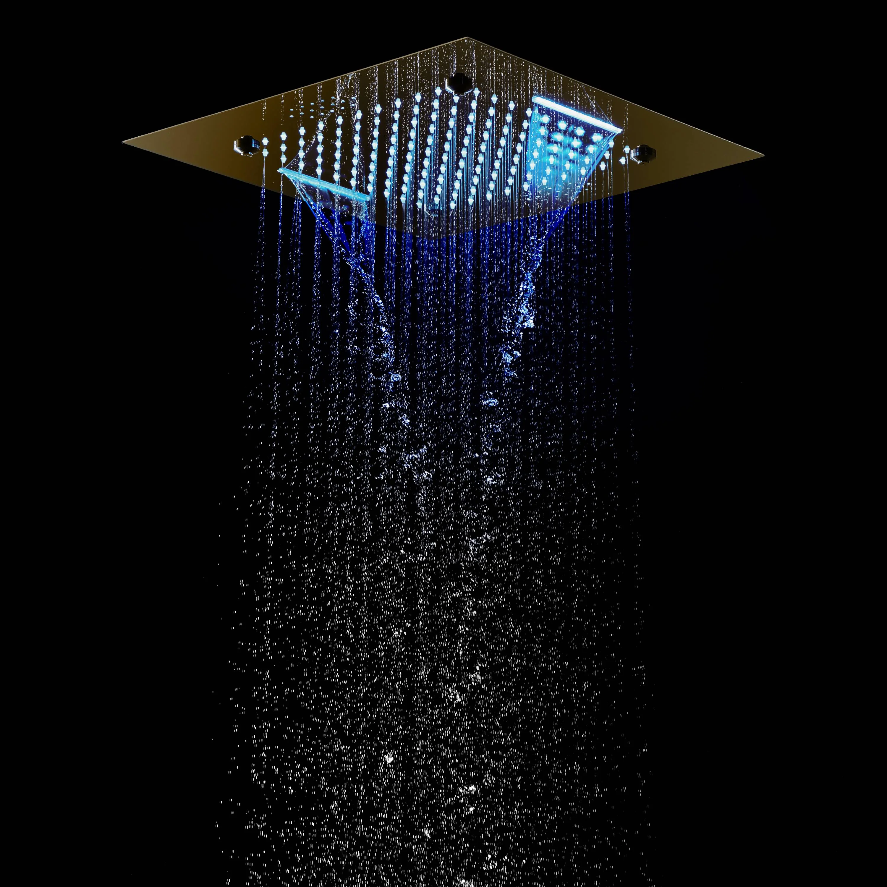 Flush-Mounted Brushed Gold 6-Way Digital Thermostatic Shower System:  Six Body Jets, Regular Head, and 20-Inch Rainfall Waterfall Mist Shower Head Featuring Bluetooth Music and 64-Color LED Lights - Image 8