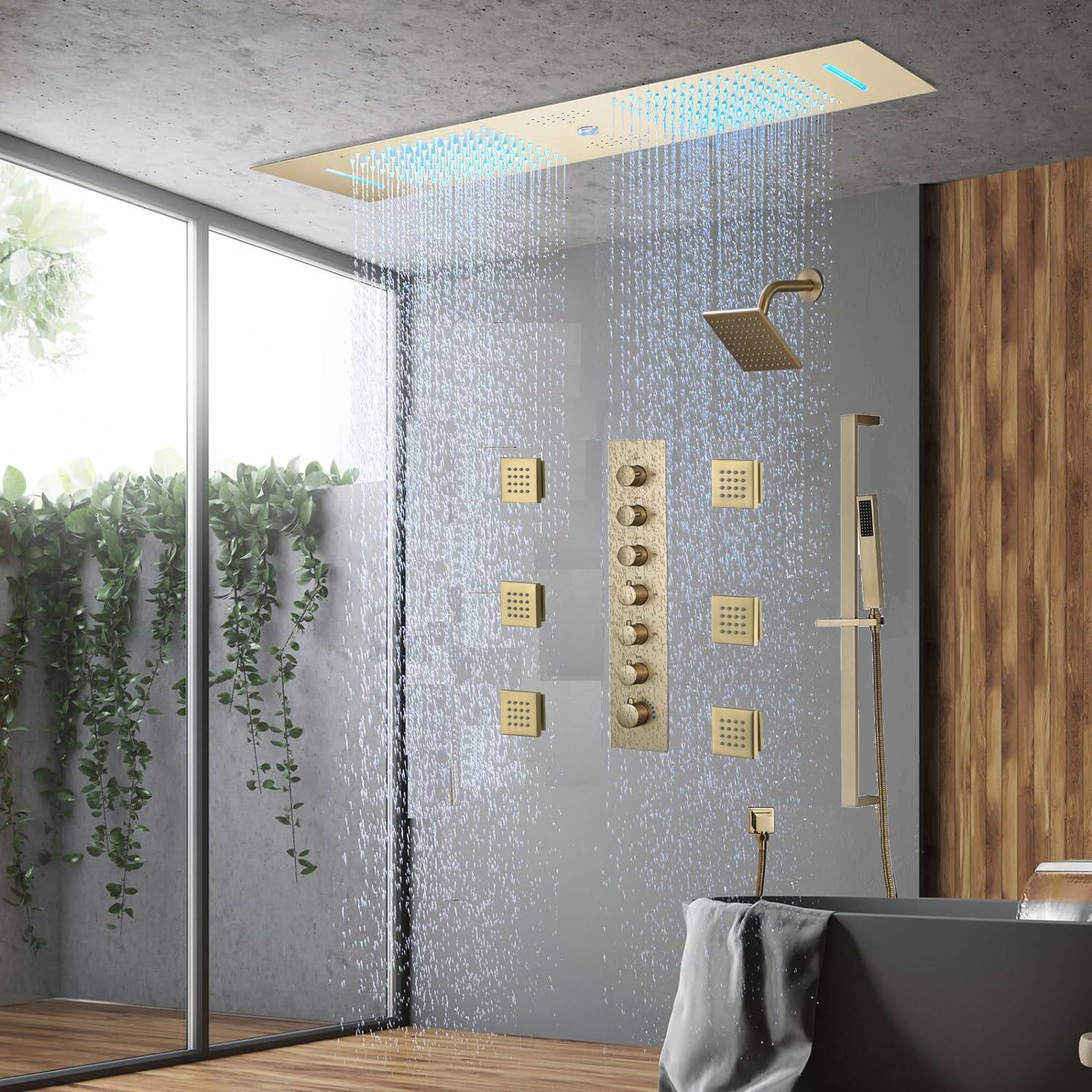Chrome or matte black or brushed gold or brsuehd nickel 35" Bluetooth Music LED Shower System with Waterfall, 6-Way Thermostatic Valve, Regular Head, 6 Body Jets - Image 22