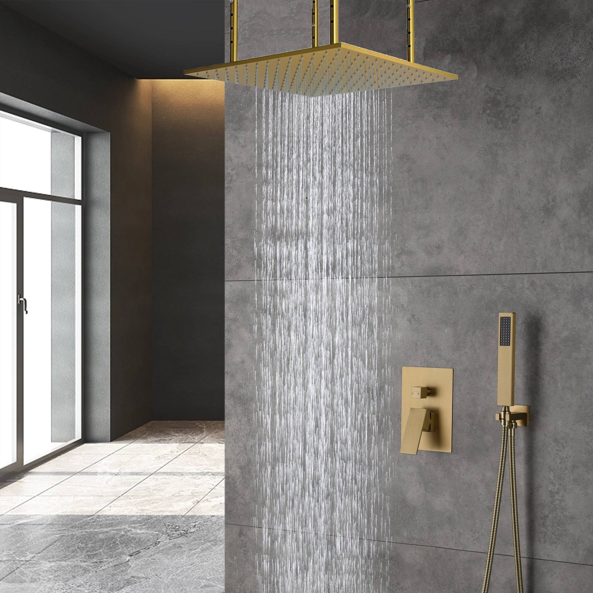 Brushed Gold 20 inch Rain head Ceiling Mount two way pressure balance Shower System with Rough-in Valve Body and Trim