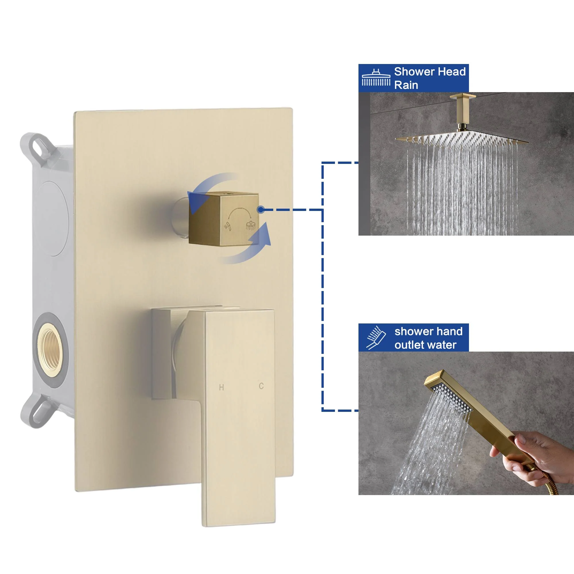 Brushed Gold 20 inch Rain head Ceiling Mount two way pressure balance Shower System with Rough-in Valve Body and Trim - Image 3