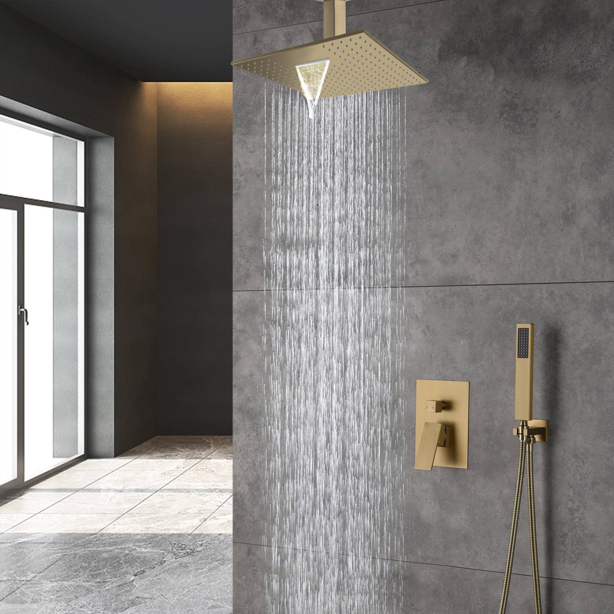 Brushed Gold 12 Inch or 16 inch Rain head Ceiling Mount two way pressure balance Shower System with Rough-in Valve Body and Trim