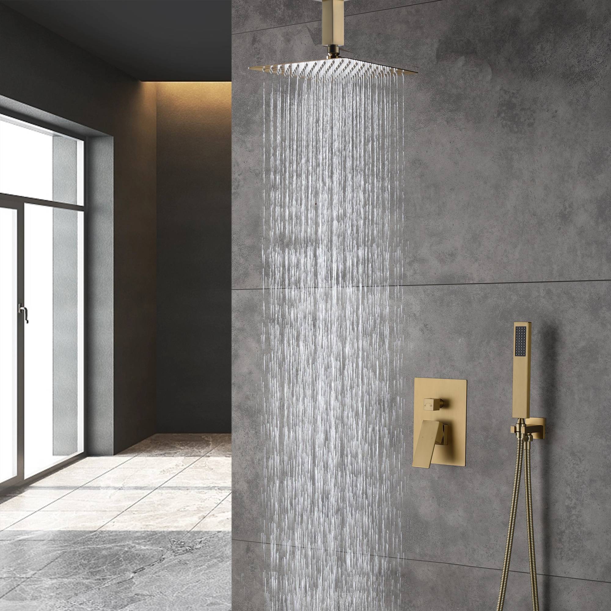 Brushed Gold 12 Inch or 16 inch Rain head Ceiling Mount two way pressure balance Shower System with Rough-in Valve Body and Trim - Image 2