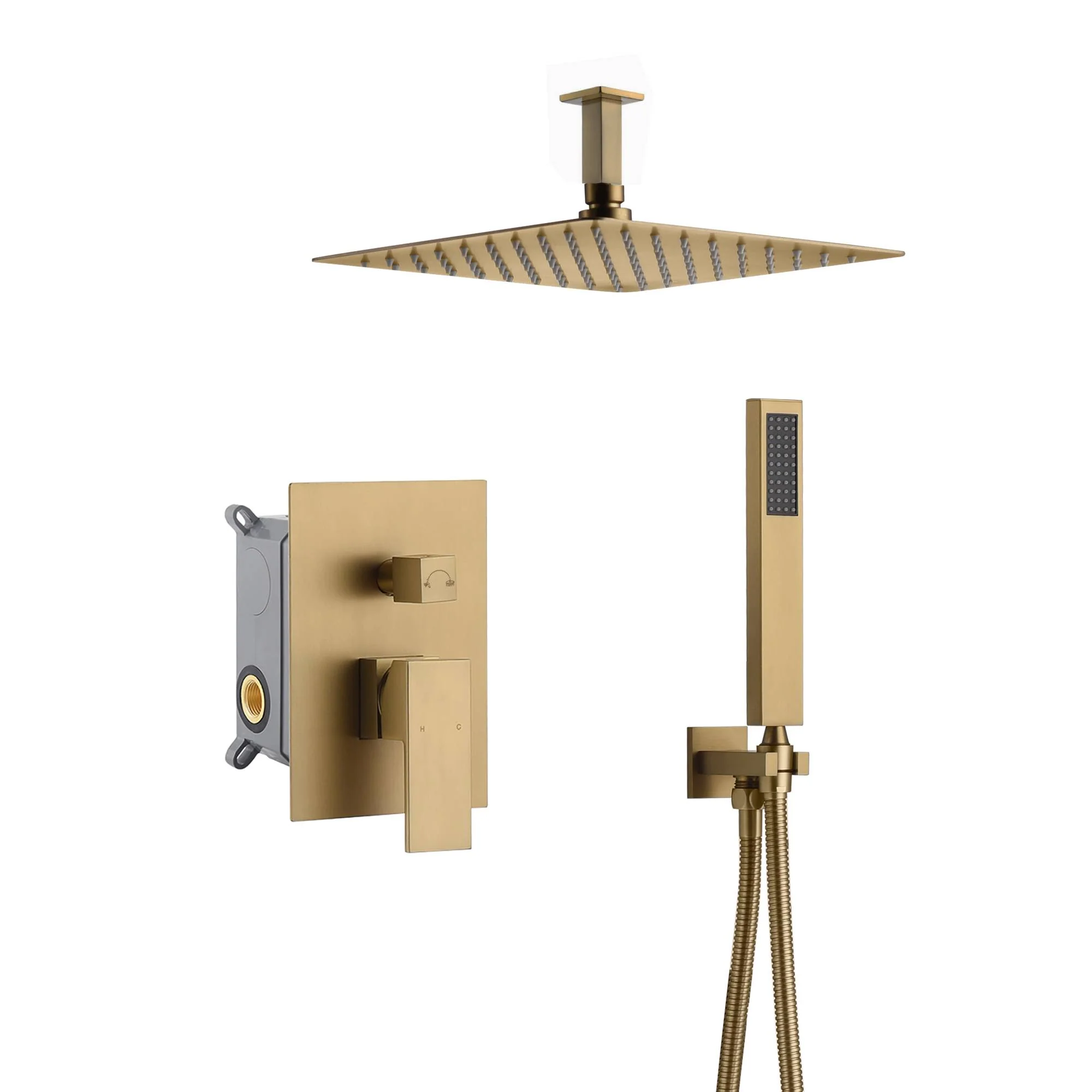 Brushed Gold 12 Inch or 16 inch Rain head Ceiling Mount two way pressure balance Shower System with Rough-in Valve Body and Trim - Image 6