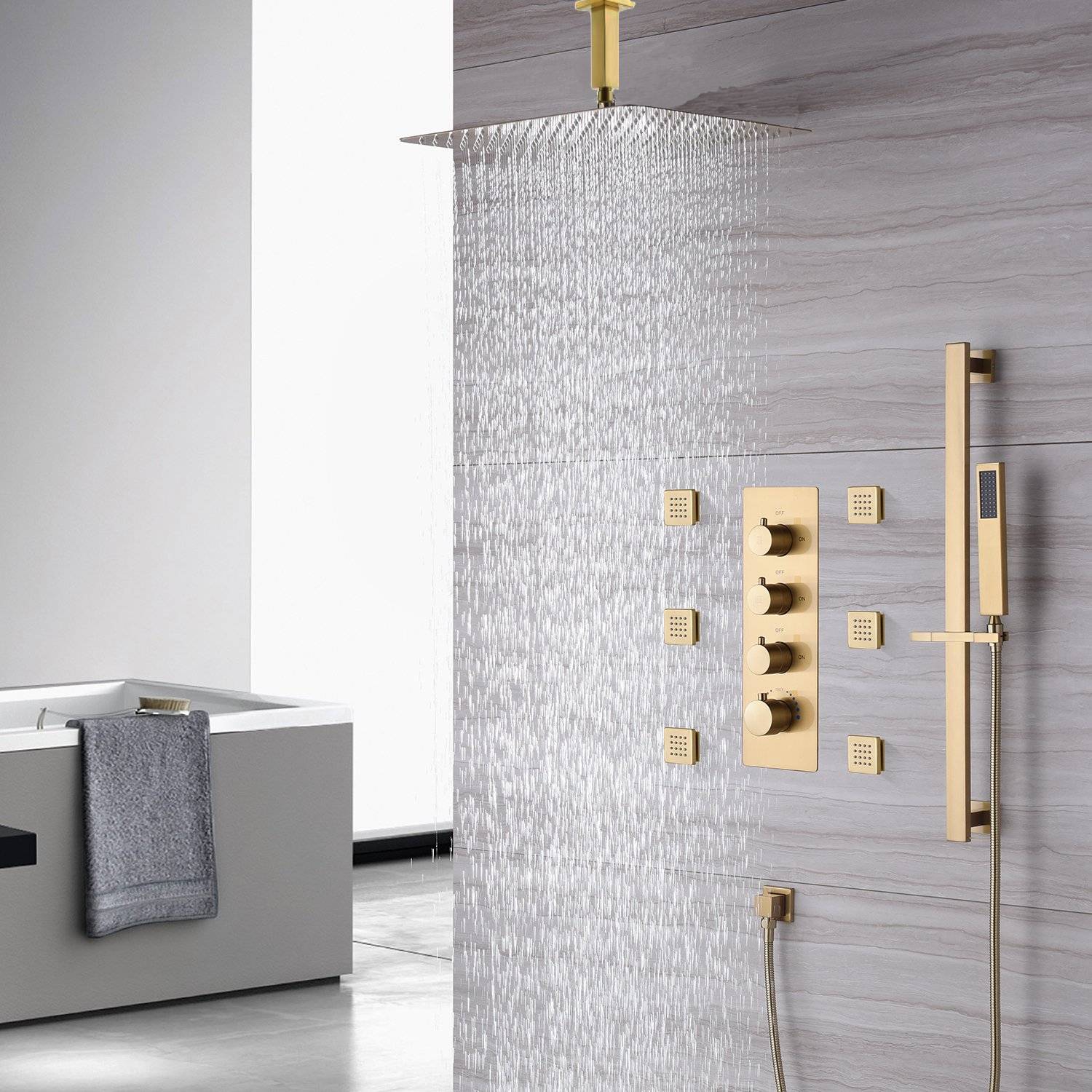 Brushed gold Ceiling mount 12 inch or 16 inch rainfall shower head 3 way thermostatic shower faucet with sliding bar and 6 body jets