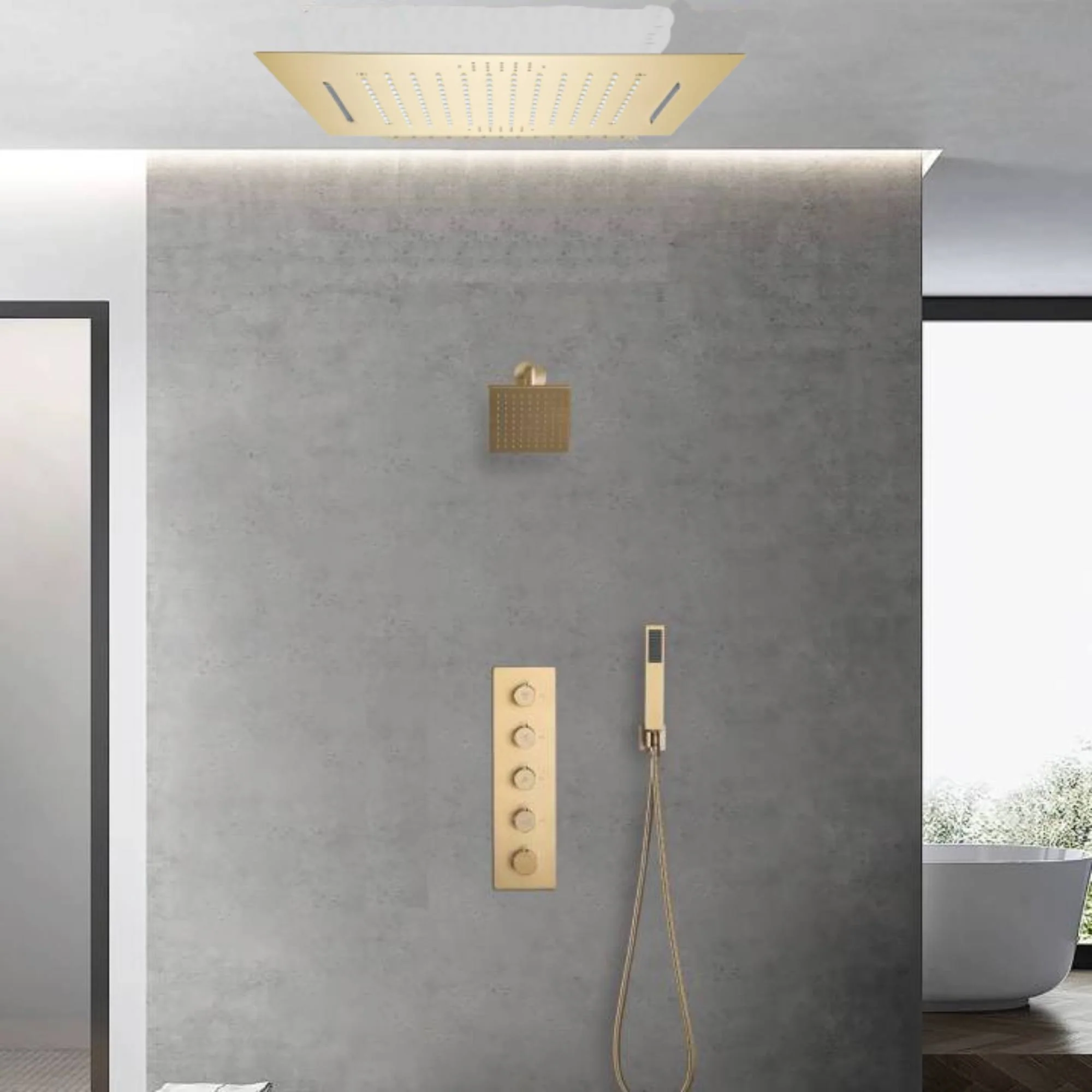 Brushed Gold 20-Inch Or 24-Inch Rainfall Waterfall Ceiling Mount Shower Head with 4-Way Thermostatic Faucet, High-Pressure Wall Mount Head