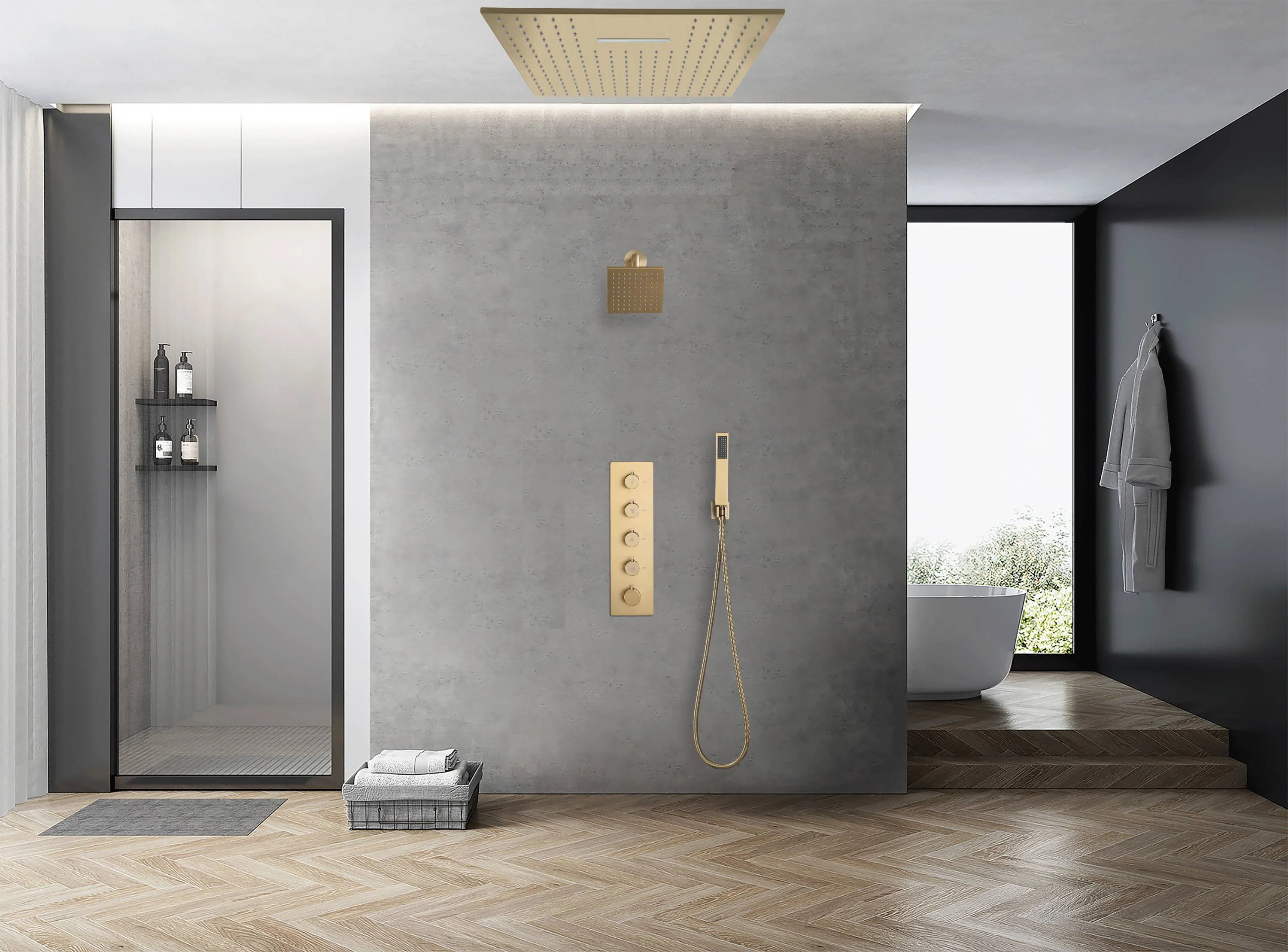 Brushed Gold 20-Inch Or 24-Inch Rainfall Waterfall Ceiling Mount Shower Head with 4-Way Thermostatic Faucet, High-Pressure Wall Mount Head - Image 4