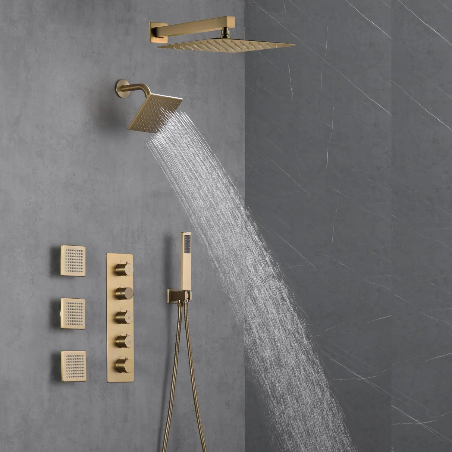 Brushed Gold 12-Inch or 16-Inch Rainfall Wall Mount Shower Head with 4-Way Thermostatic Faucet, Body Jets, and High-Pressure Wall Mount Head - Image 11