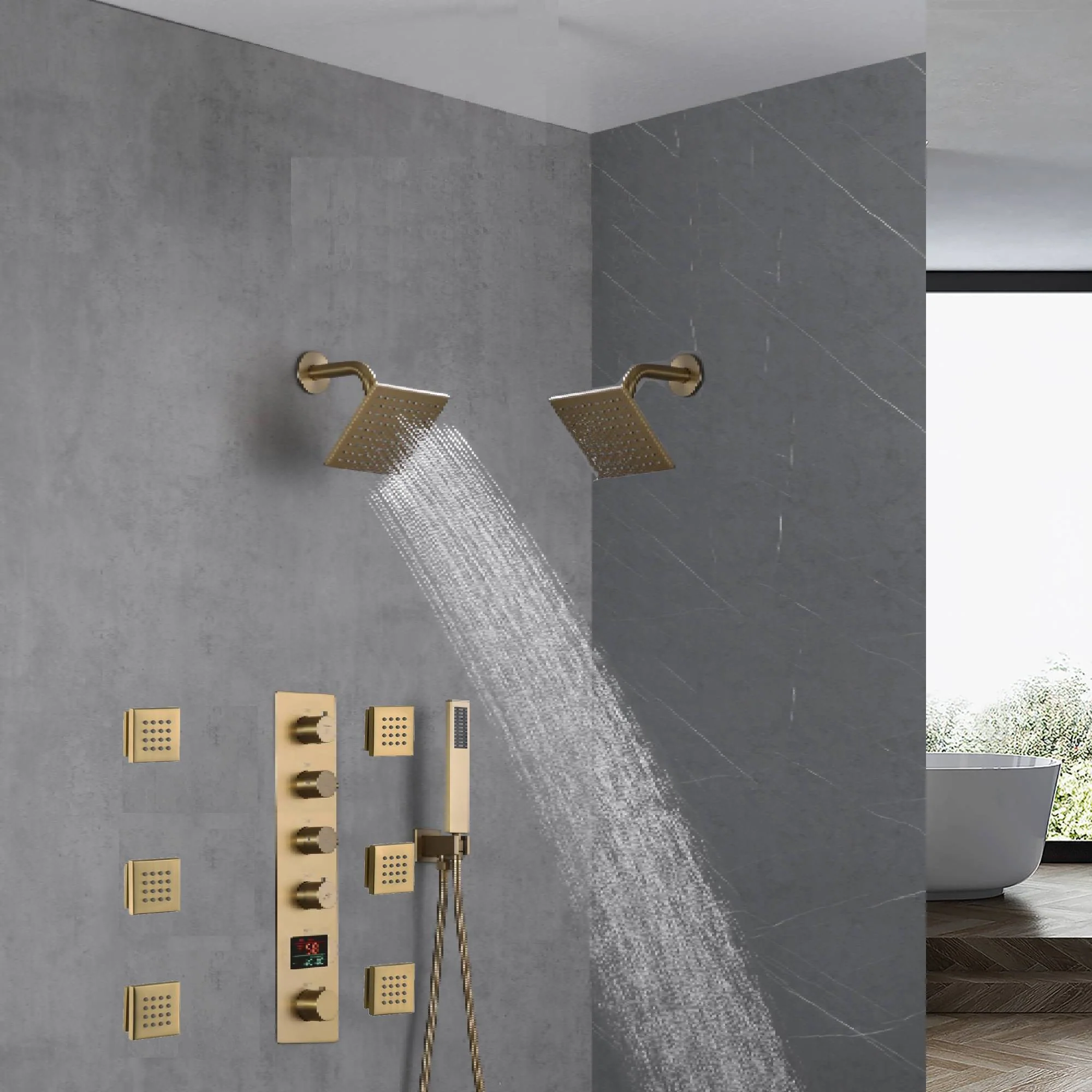 Brushed Gold Wall Mount Dual regular high water pressure Shower Head with 4-Way Thermostatic Faucet, Body Jets - Image 4