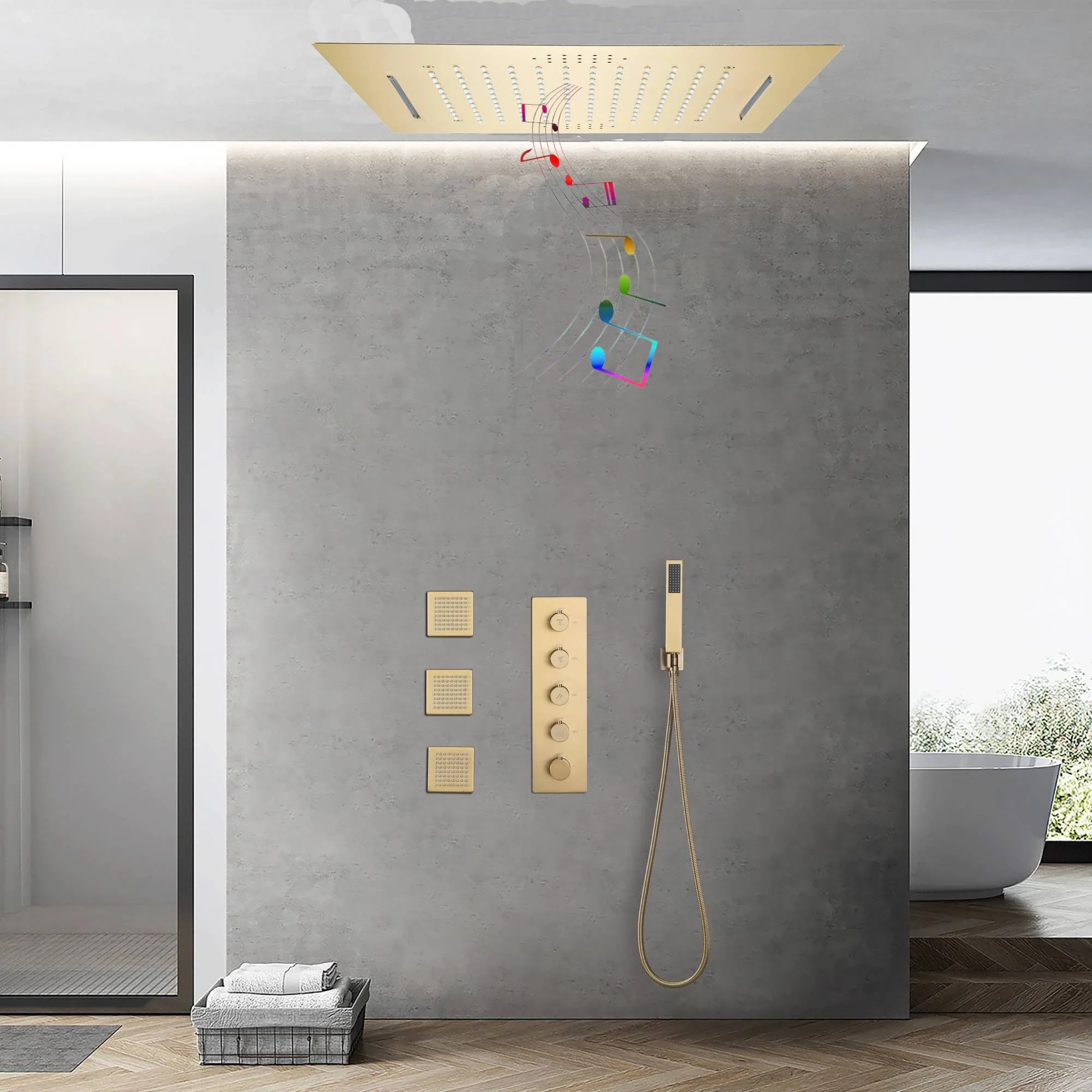 Brushed Gold 20-Inch or 24 inch Rainfall Waterfall Ceiling or flush Mount Shower Head with 4-Way Thermostatic Faucet, Body Jets