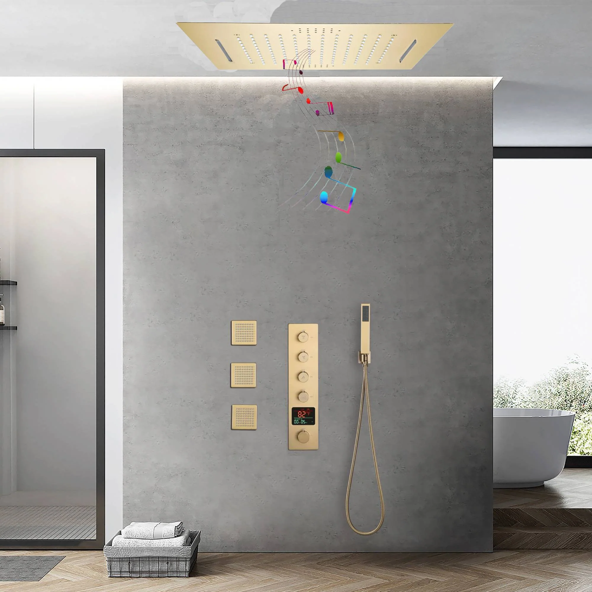 Brushed Gold 20-Inch or 24 inch Rainfall Waterfall Ceiling or flush Mount Shower Head with 4-Way Thermostatic Faucet, Body Jets - Image 3