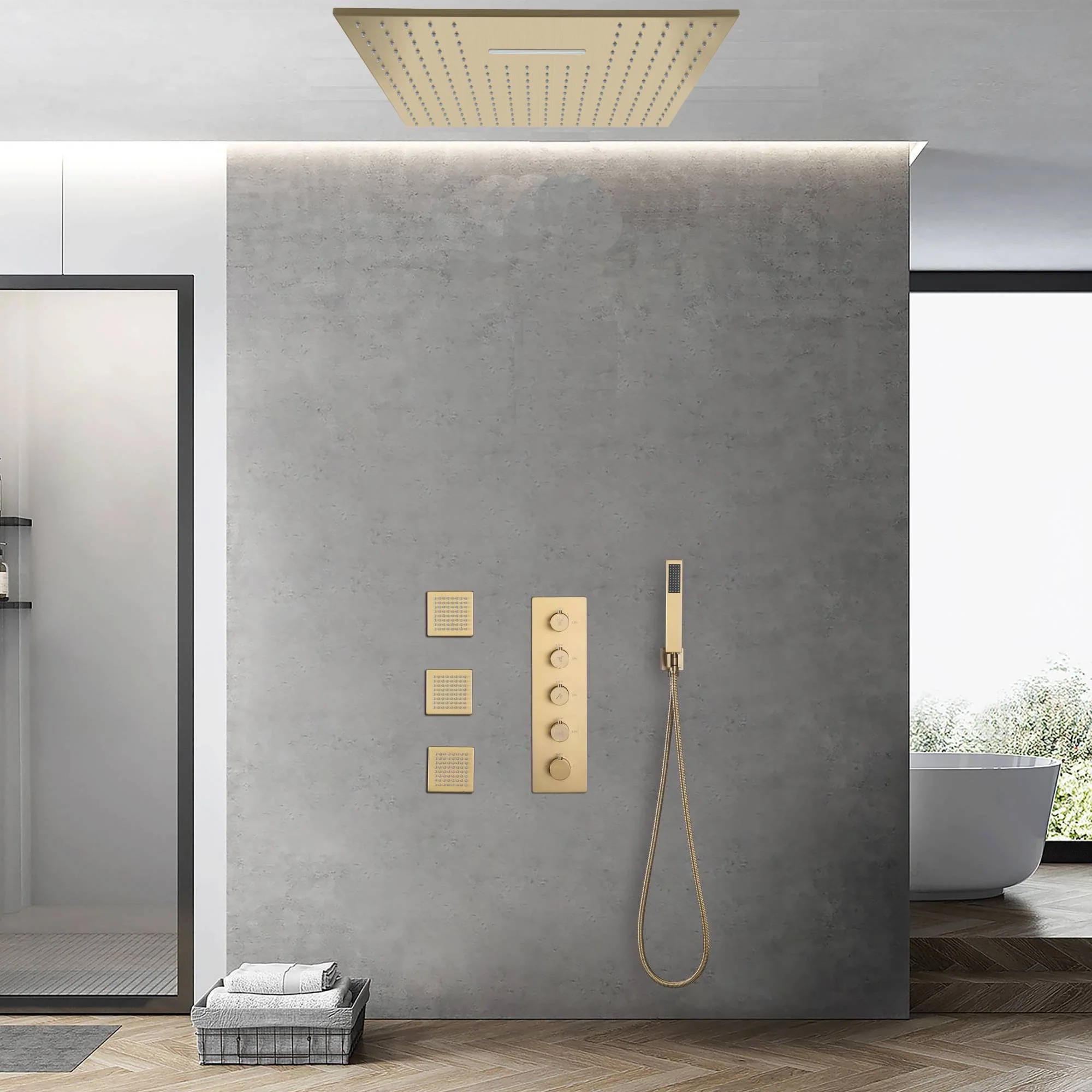 Brushed Gold 20-Inch or 24 inch Rainfall Waterfall Ceiling or flush Mount Shower Head with 4-Way Thermostatic Faucet, Body Jets - Image 5