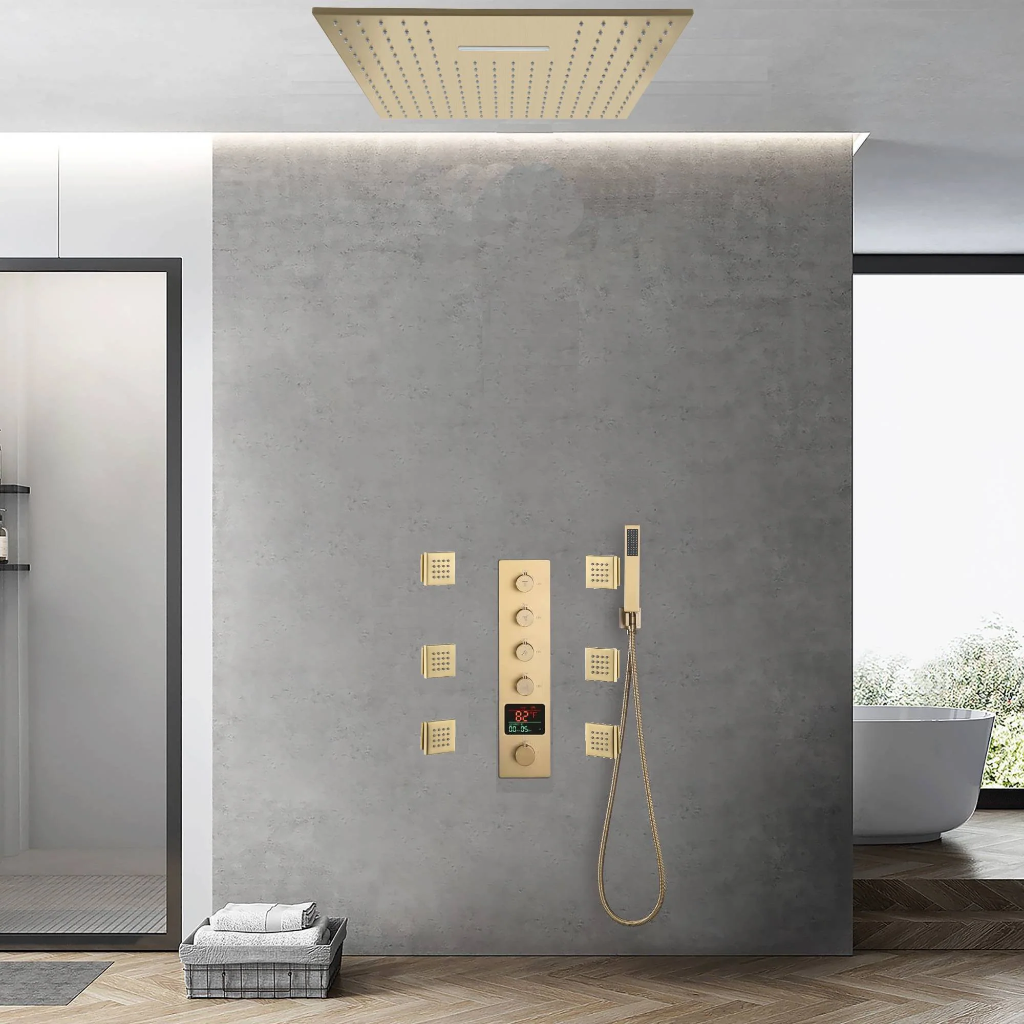 Brushed Gold 20-Inch or 24 inch Rainfall Waterfall Ceiling or flush Mount Shower Head with 4-Way Thermostatic Faucet, Body Jets - Image 8