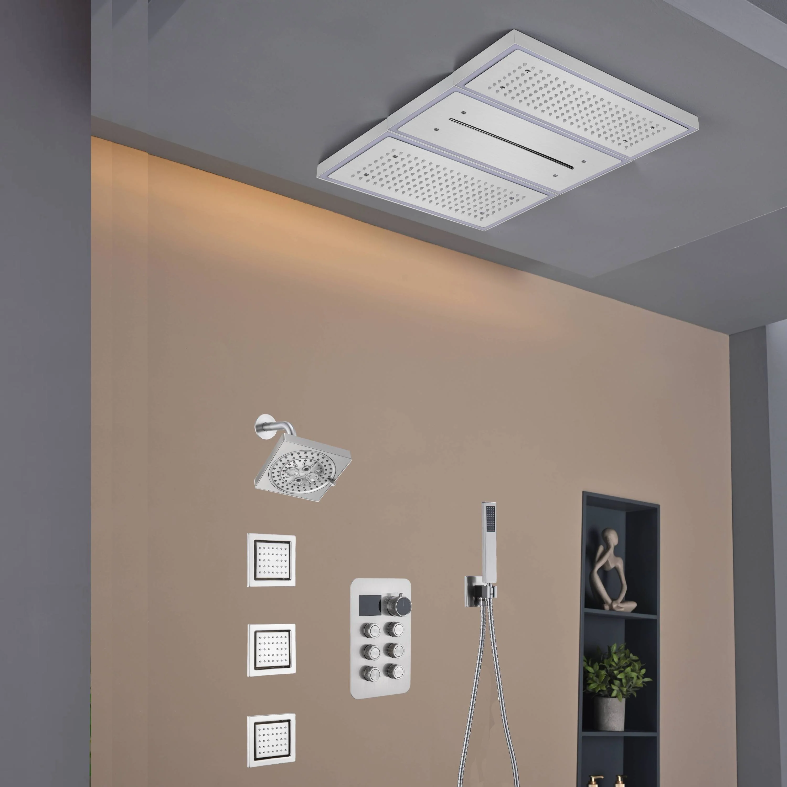 Flush Mount 24 X 16 inch or 48 x 8 inch Rainfall Waterfall 64 LED Light Shower Head with 6-Way Thermostatic Faucet, Body Jets, and High-Pressure Wall Mount Head - Image 2