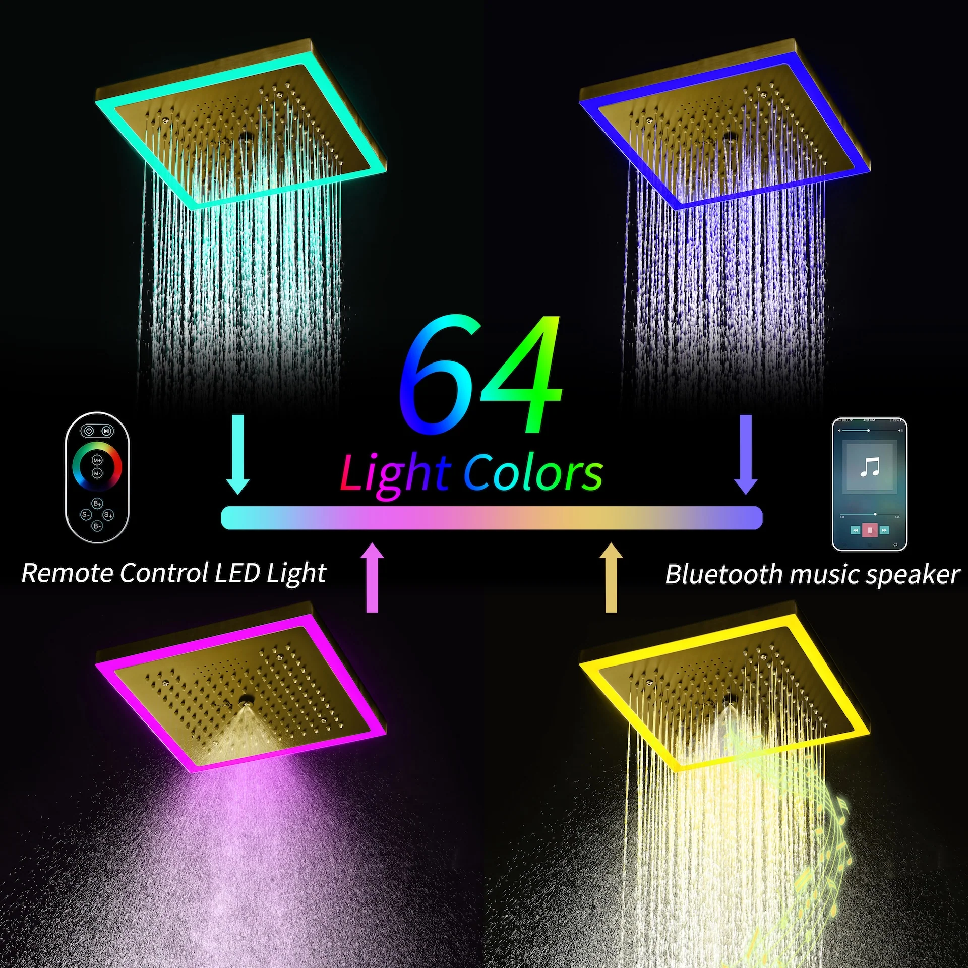 Bluetooth Music Brushed Gold 12-Inch Shower Head: Rainfall, Mist, 64 LED Colors, Flushed Mount - Image 3