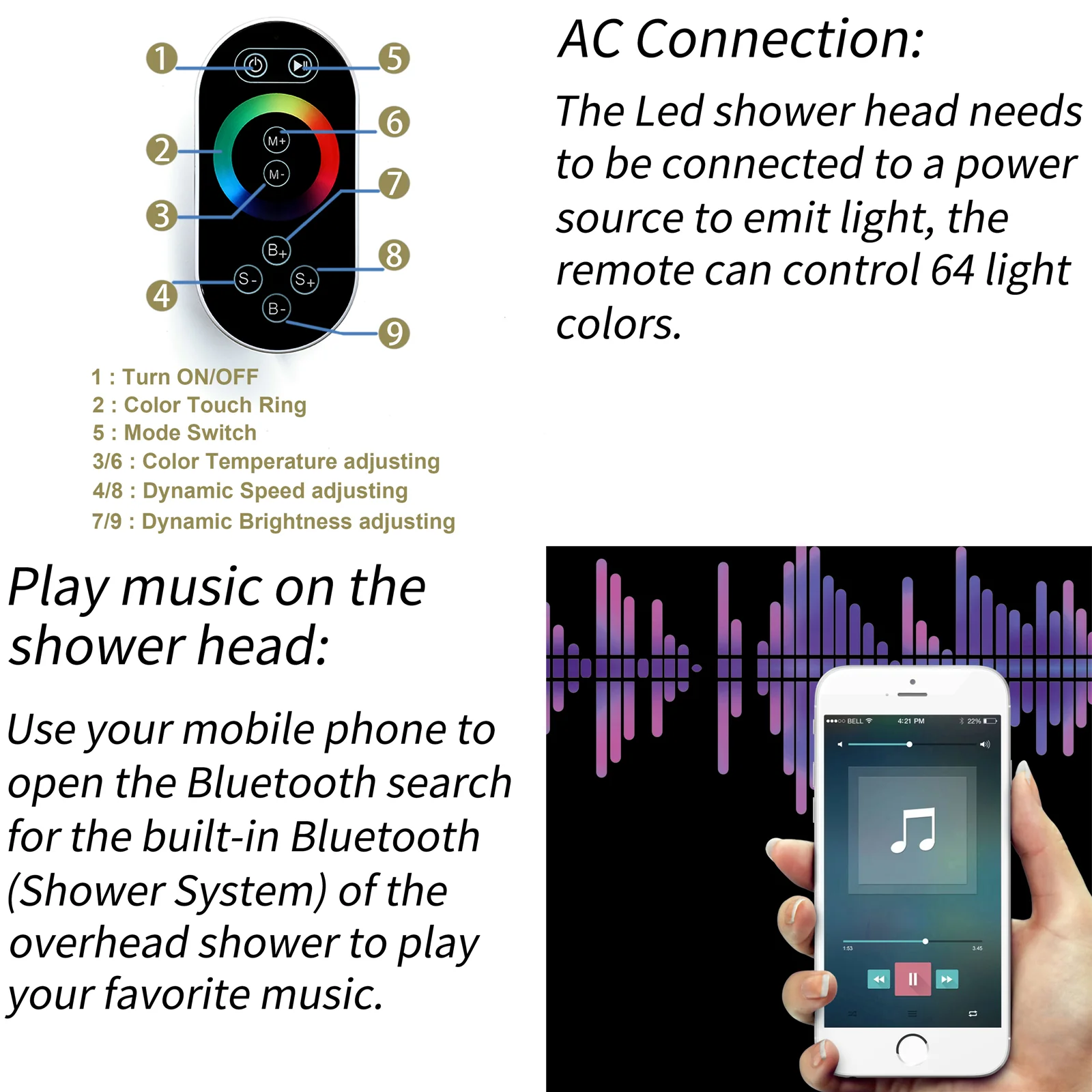 Bluetooth Music Brushed Gold 12-Inch Shower Head: Rainfall, Mist, 64 LED Colors, Flushed Mount - Image 6