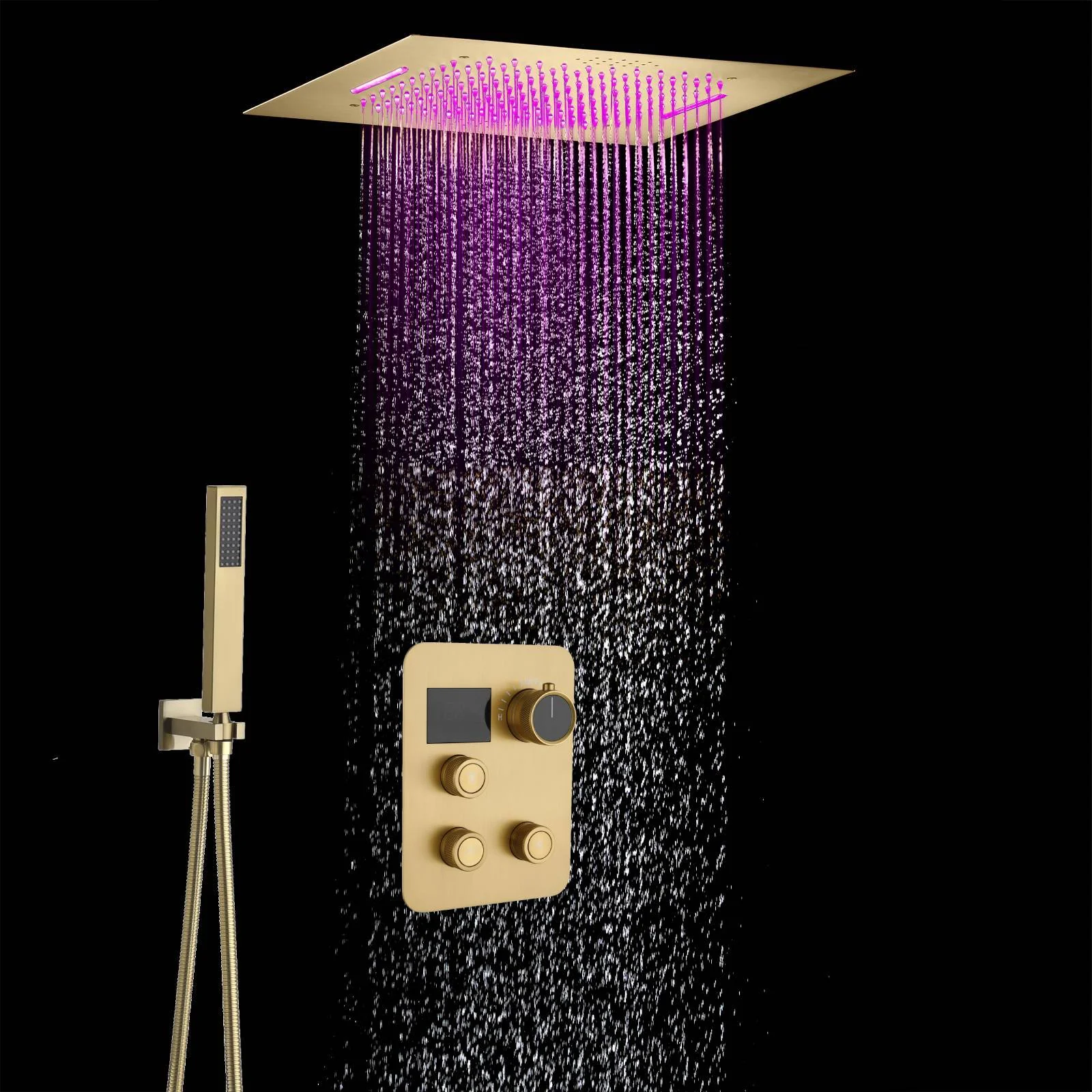 Brushed Gold 20x20" Thermostatic Shower Faucet with Bluetooth Music and 64 LED Lights