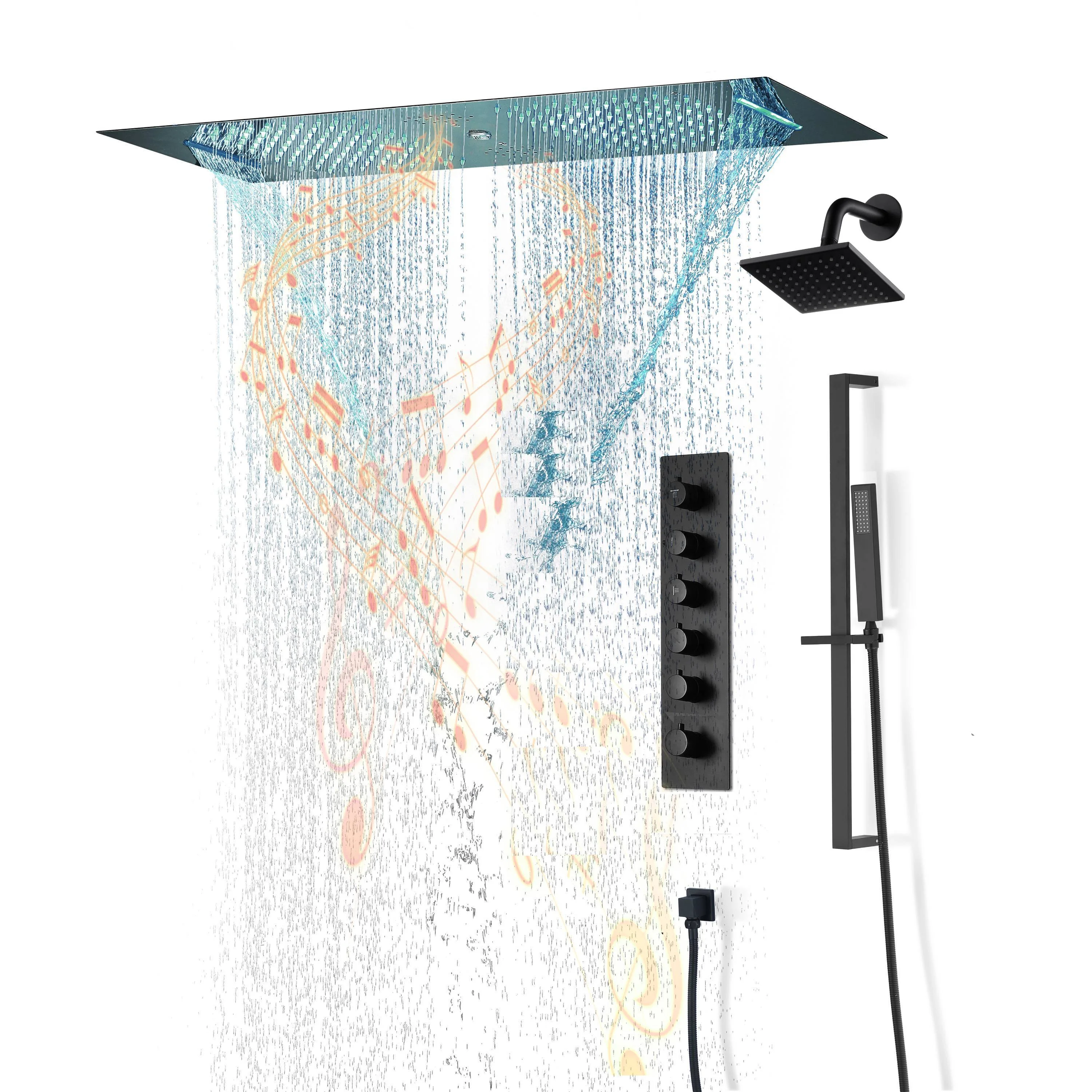 Brushed Gold or Brushed Nickel or Matte Black 35" Bluetooth Music LED Shower System with Waterfall, 5-Way Digital Thermostatic Valve, Regular Head, Touch Panel - Image 18