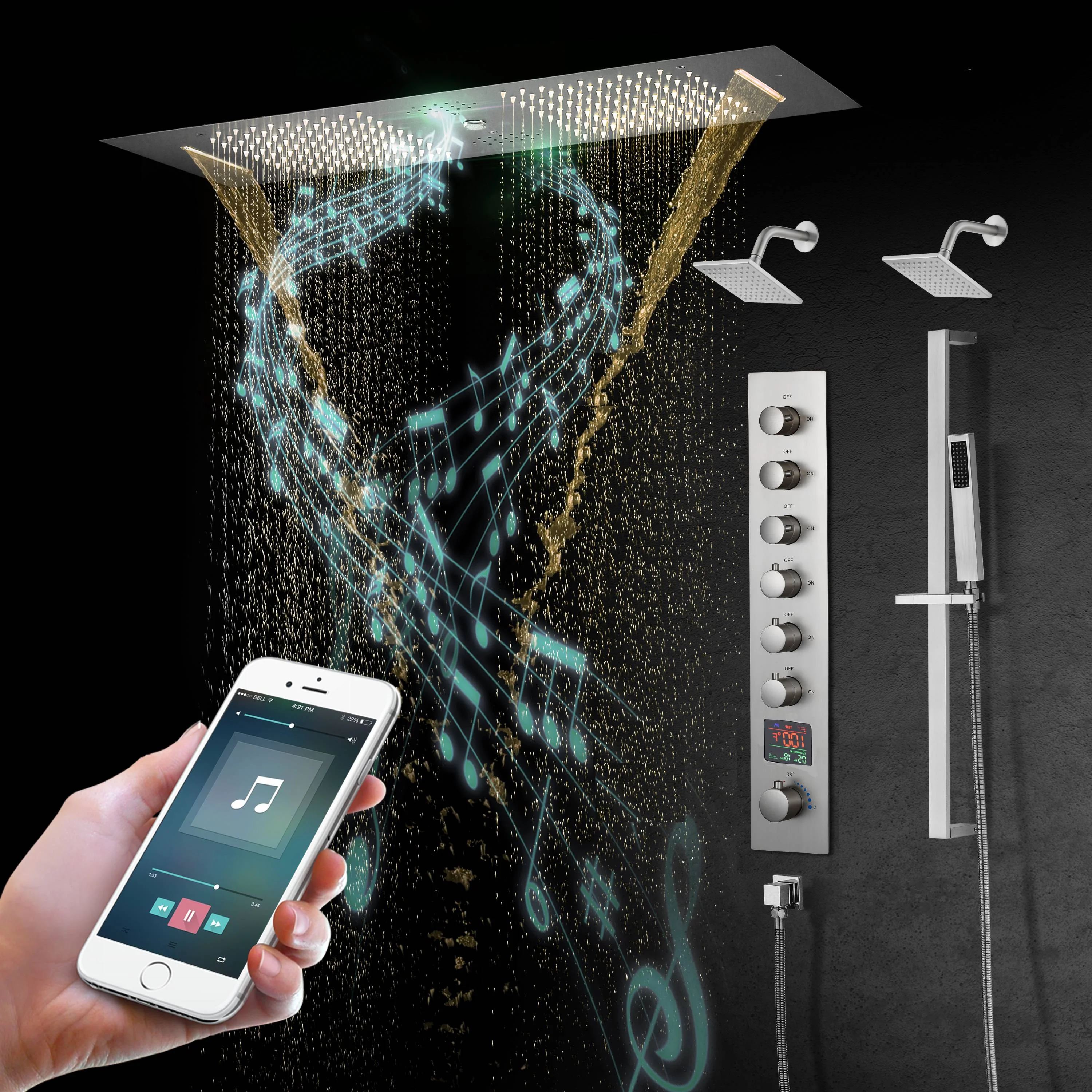 Brushed Gold or Brushed Nickel 35" Bluetooth Music LED Shower System with Waterfall, 6-Way Digital Thermostatic Valve, Dual Regular Head, Touch Panel - Image 22