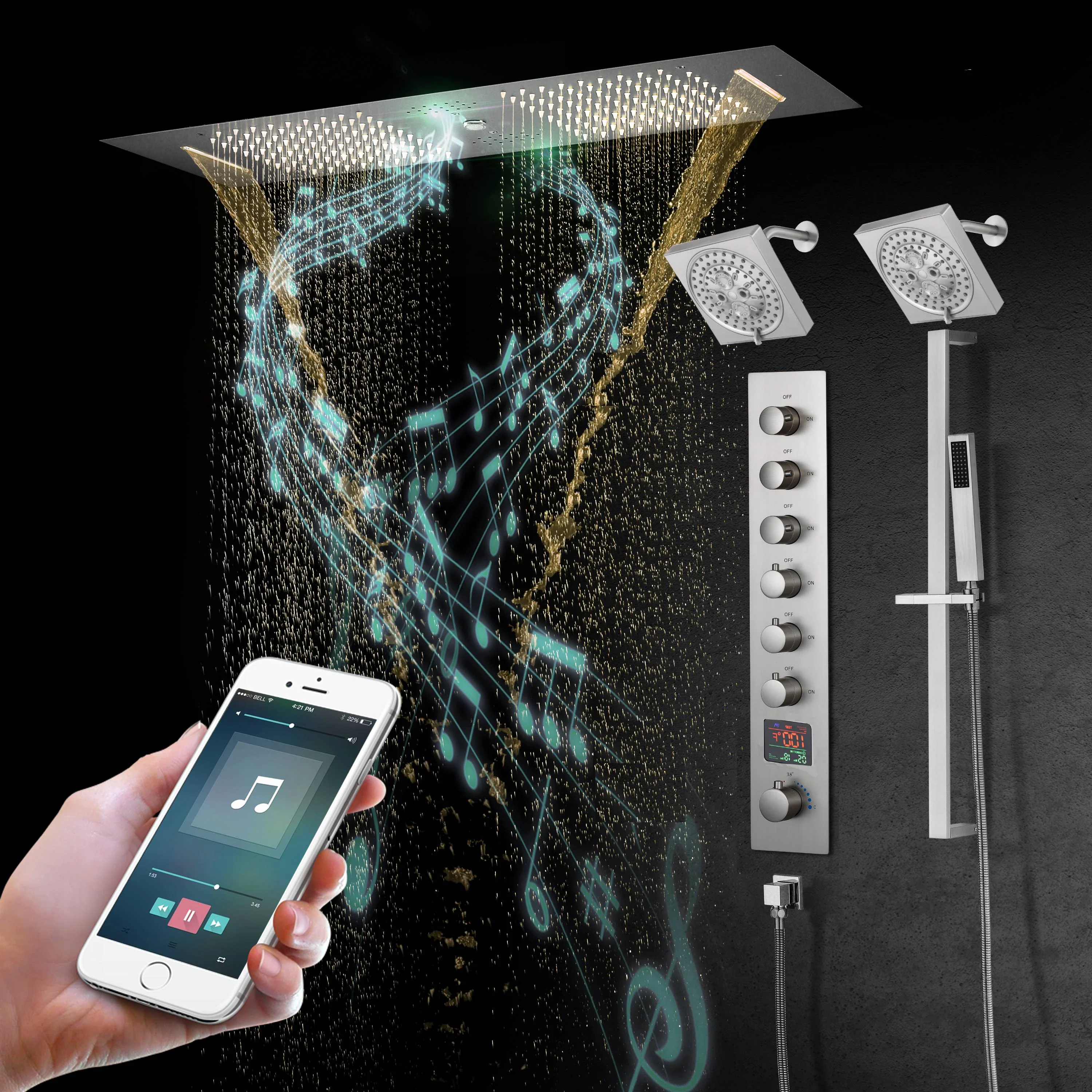Brushed Gold or Brushed Nickel 35" Bluetooth Music LED Shower System with Waterfall, 6-Way Digital Thermostatic Valve, Dual Regular Head, Touch Panel - Image 23