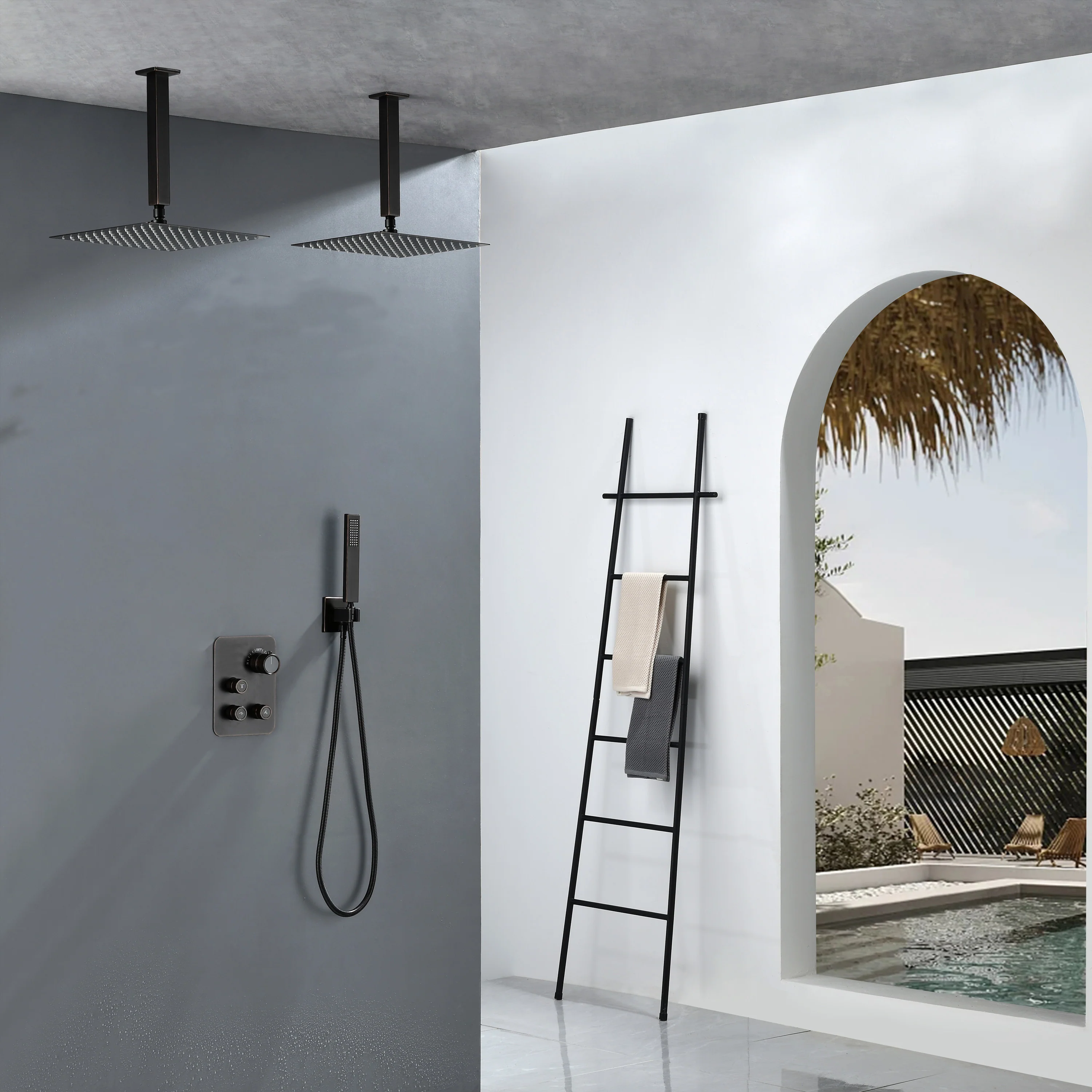 Brushed Gold Dual Ceiling & Wall Shower Heads with 3-Way Thermostatic Valve System - Seamless Functionality Both Together & Separately - Image 15