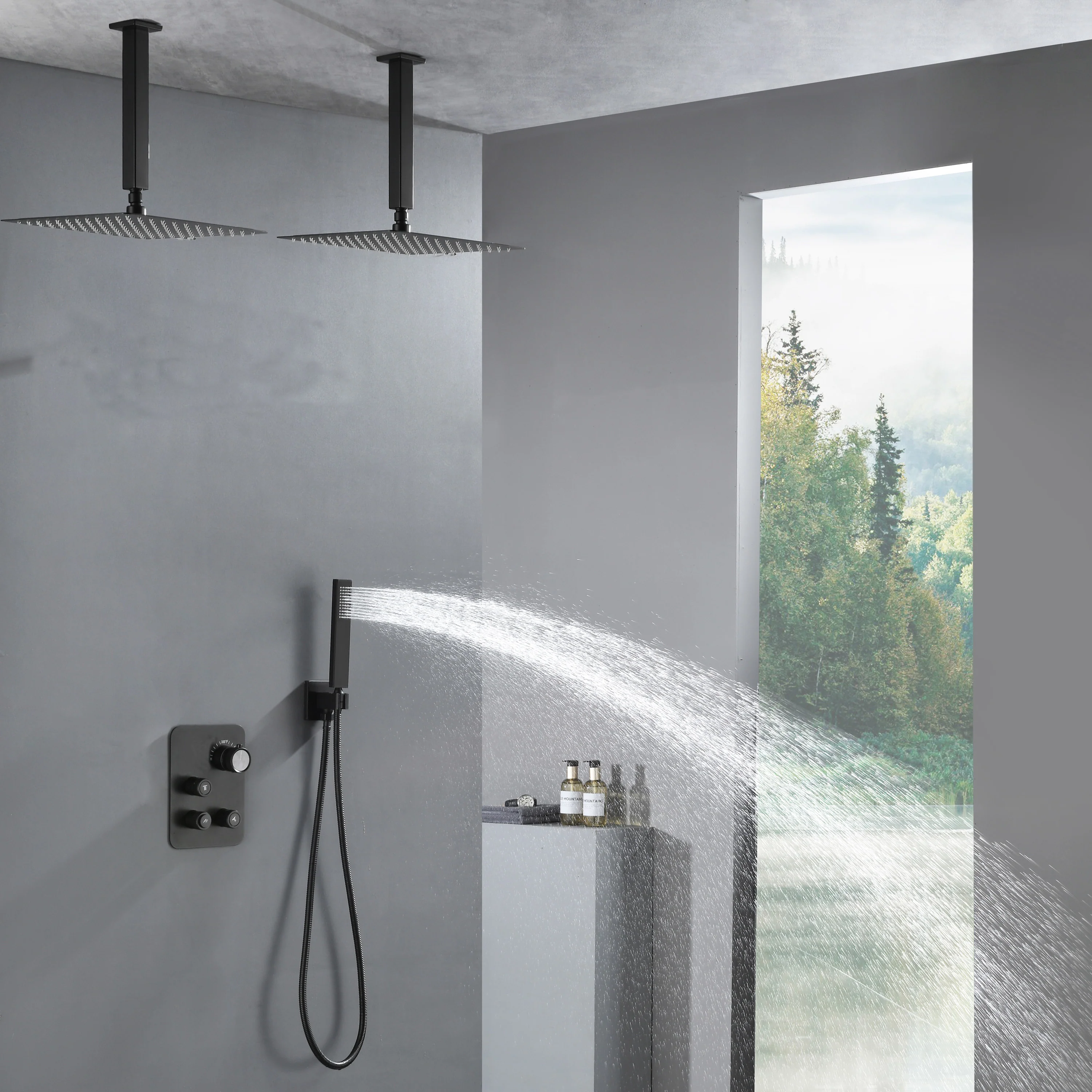 Brushed Gold Dual Ceiling & Wall Shower Heads with 3-Way Thermostatic Valve System - Seamless Functionality Both Together & Separately - Image 20
