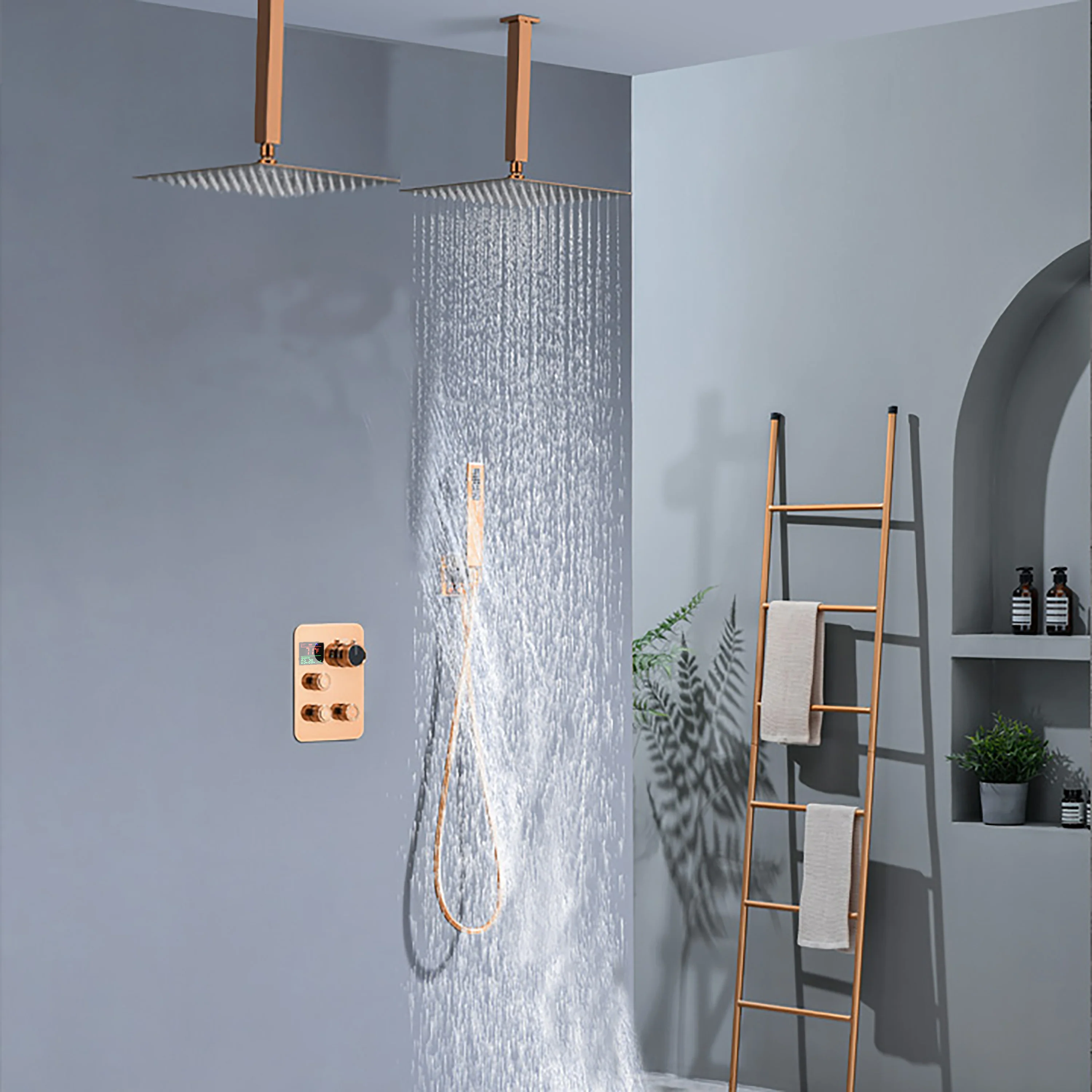 Brushed Gold Dual Ceiling & Wall Shower Heads with 3-Way Thermostatic Valve System - Seamless Functionality Both Together & Separately - Image 25
