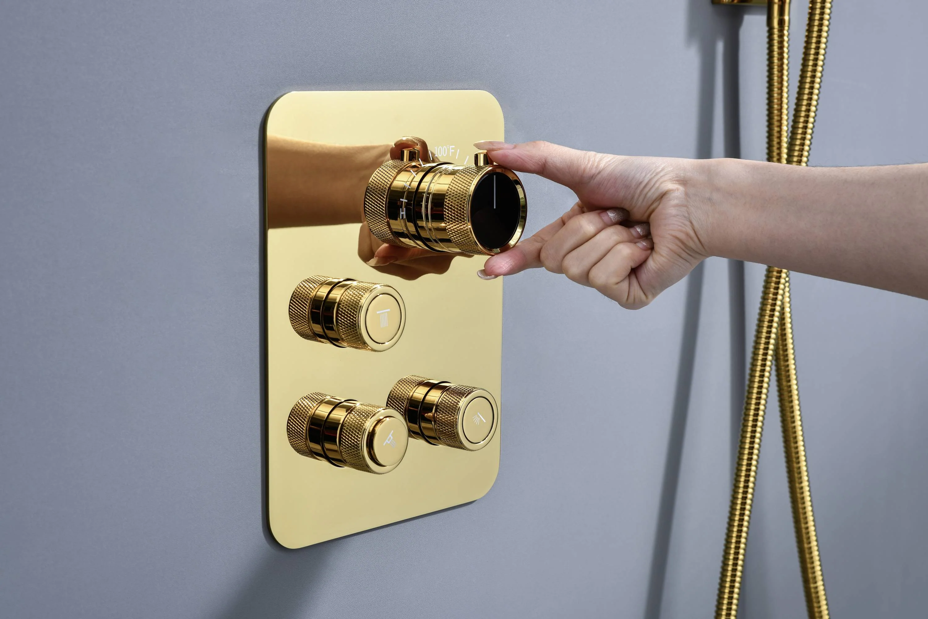 Brushed Gold Dual Ceiling & Wall Shower Heads with 3-Way Thermostatic Valve System - Seamless Functionality Both Together & Separately - Image 30