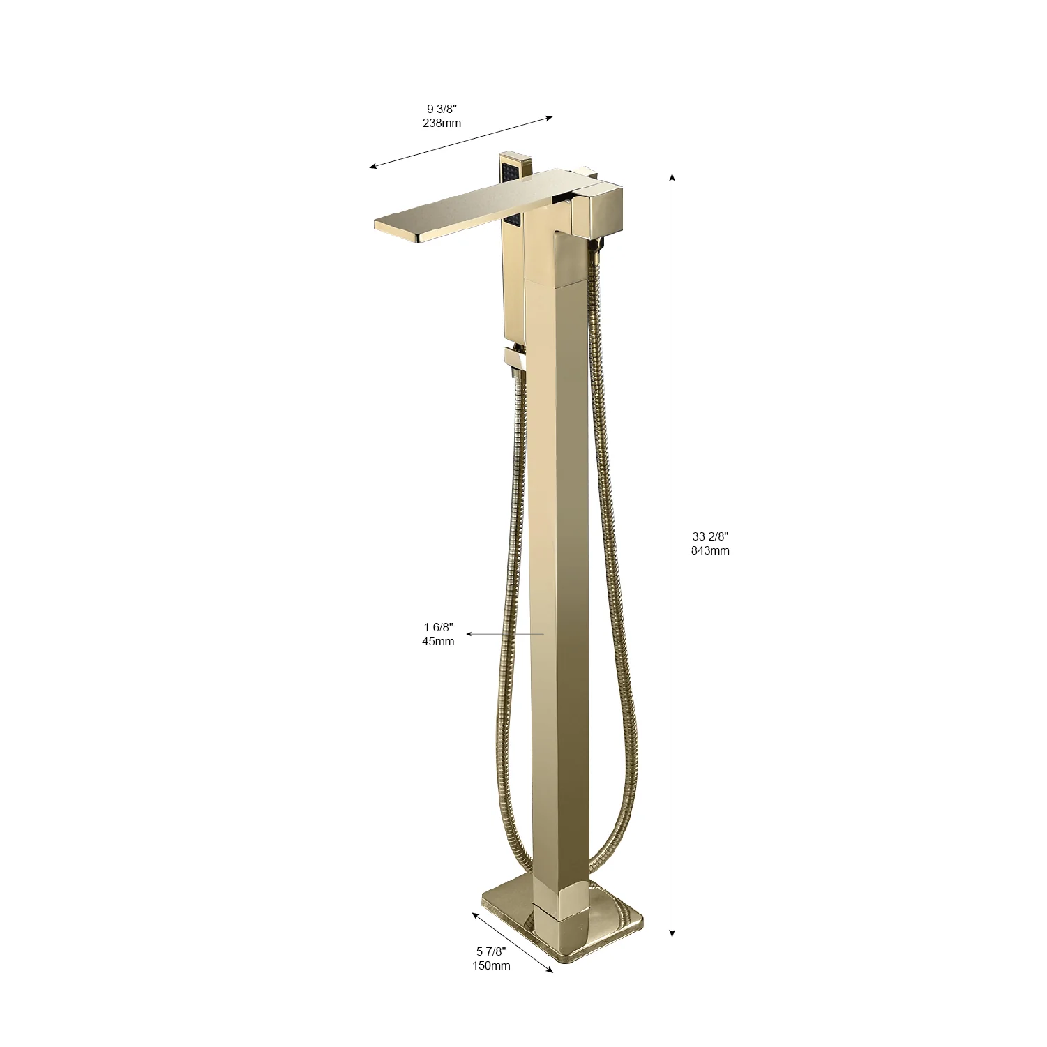 Waterfall Brushed Gold Finish Single Handle Floor Mount Freestanding Tub Filler Faucet with Hand Shower - Image 3