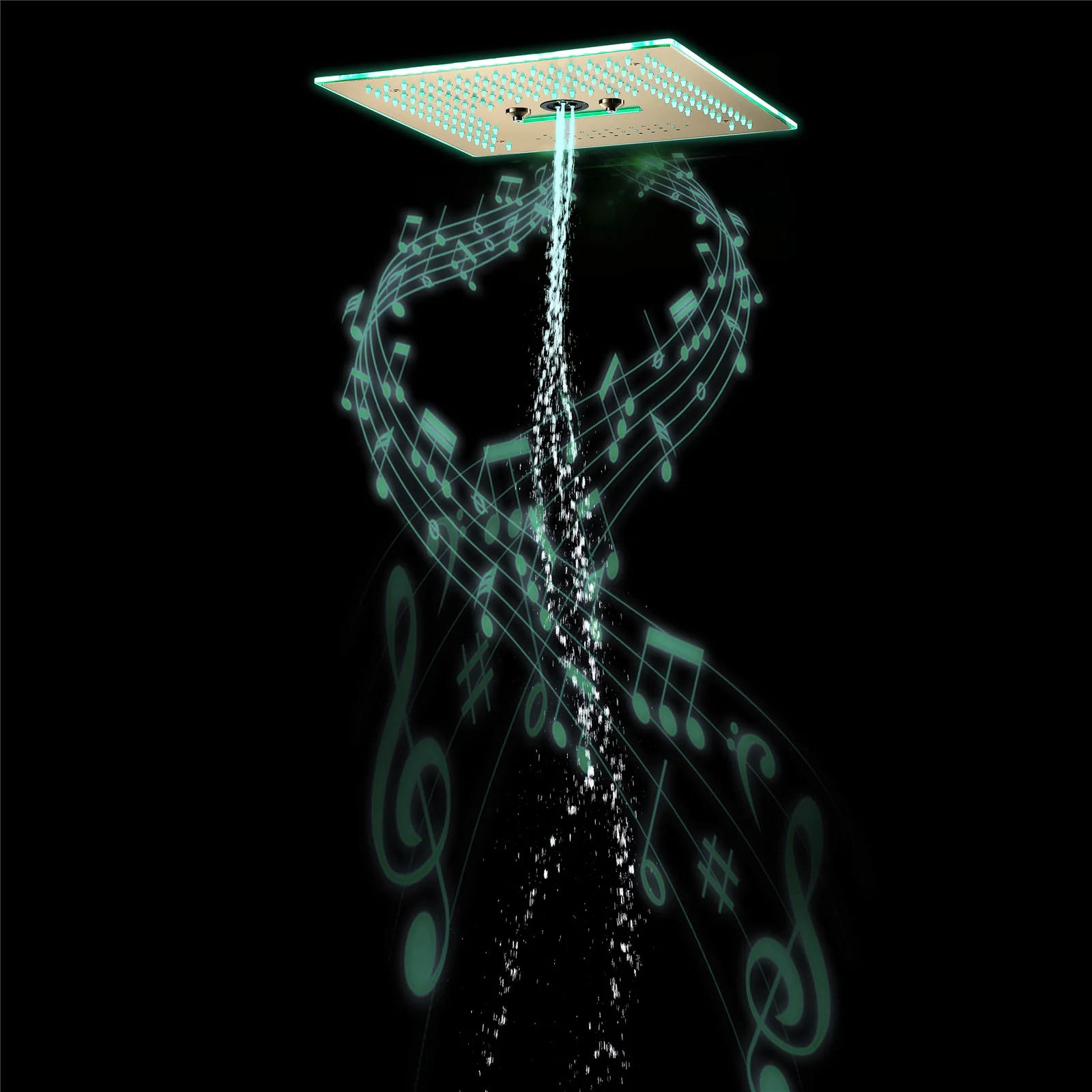 16-Inch Brushed Gold Flush-Mounted Rainfall, Waterfall, Mist, Hydro-Massage Shower Head with 64 LED Lights and Bluetooth Music - 5-Way Thermostatic Shower Faucet With Optional Digital Display - Image 8