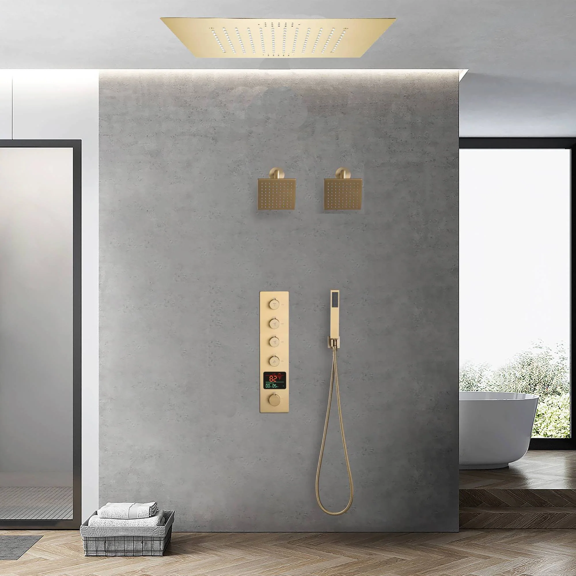 Brushed Gold 4-Way Digital Thermostatic Shower Faucet with Dual Regular Heads and Integrated 20-Inch Rainfall LED Light & Bluetooth Music Shower Head - Image 11