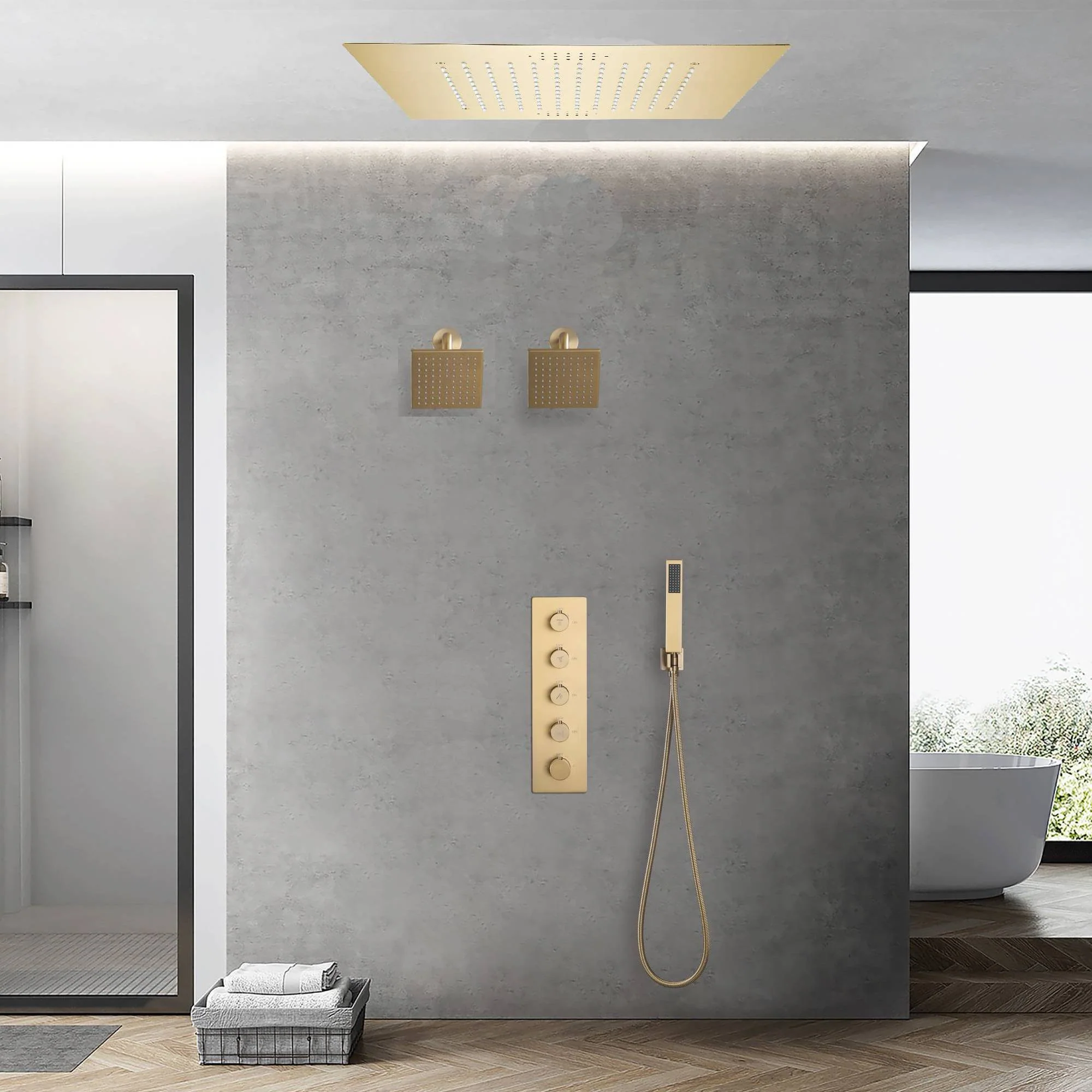 Brushed Gold 4-Way Digital Thermostatic Shower Faucet with Dual Regular Heads and Integrated 20-Inch Rainfall LED Light & Bluetooth Music Shower Head - Image 2